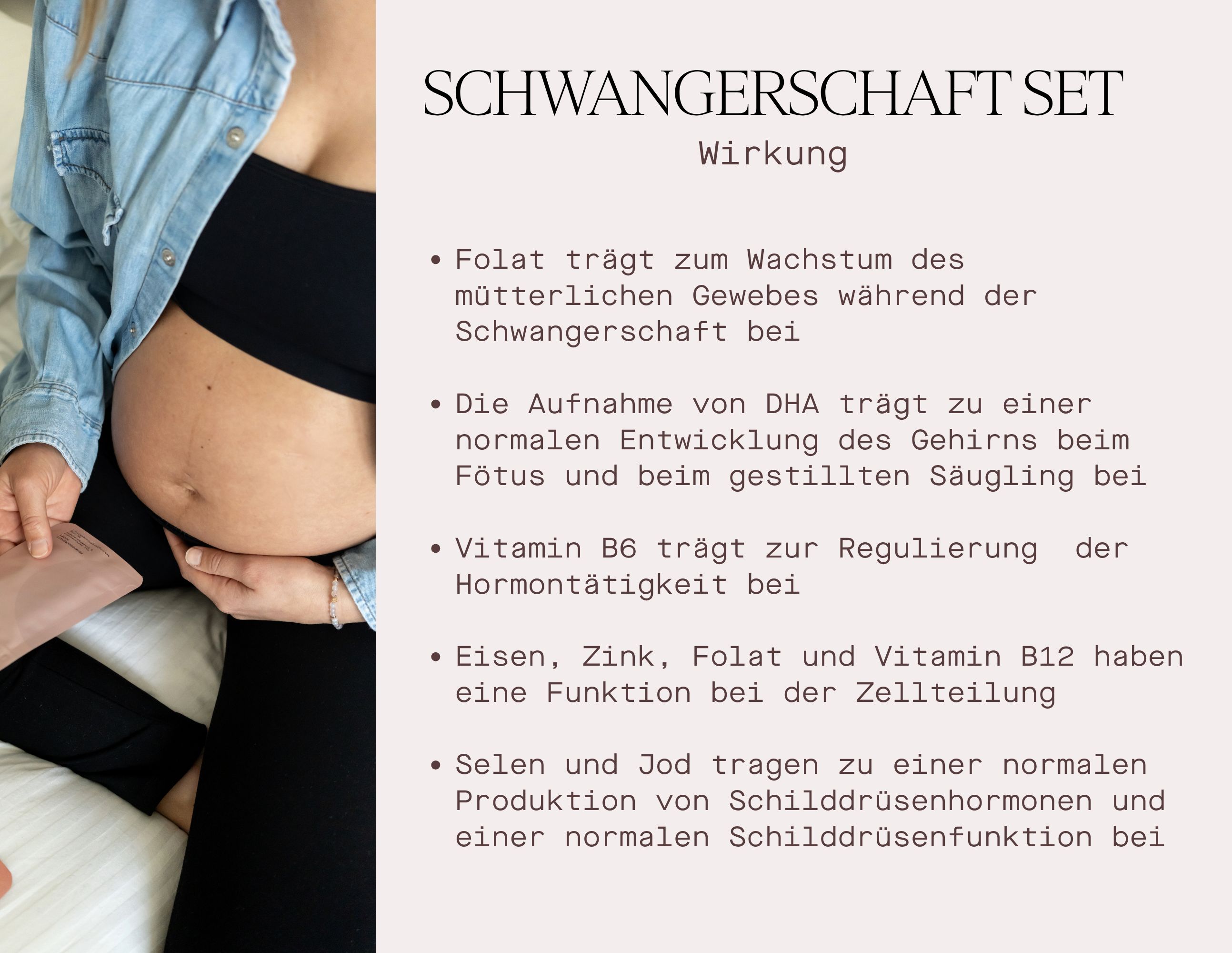 Text auf beigem Hintergrund. Schwangerschaft Set. Wirkung. Auflistung von Vorteilen und Inhaltsstoffen.