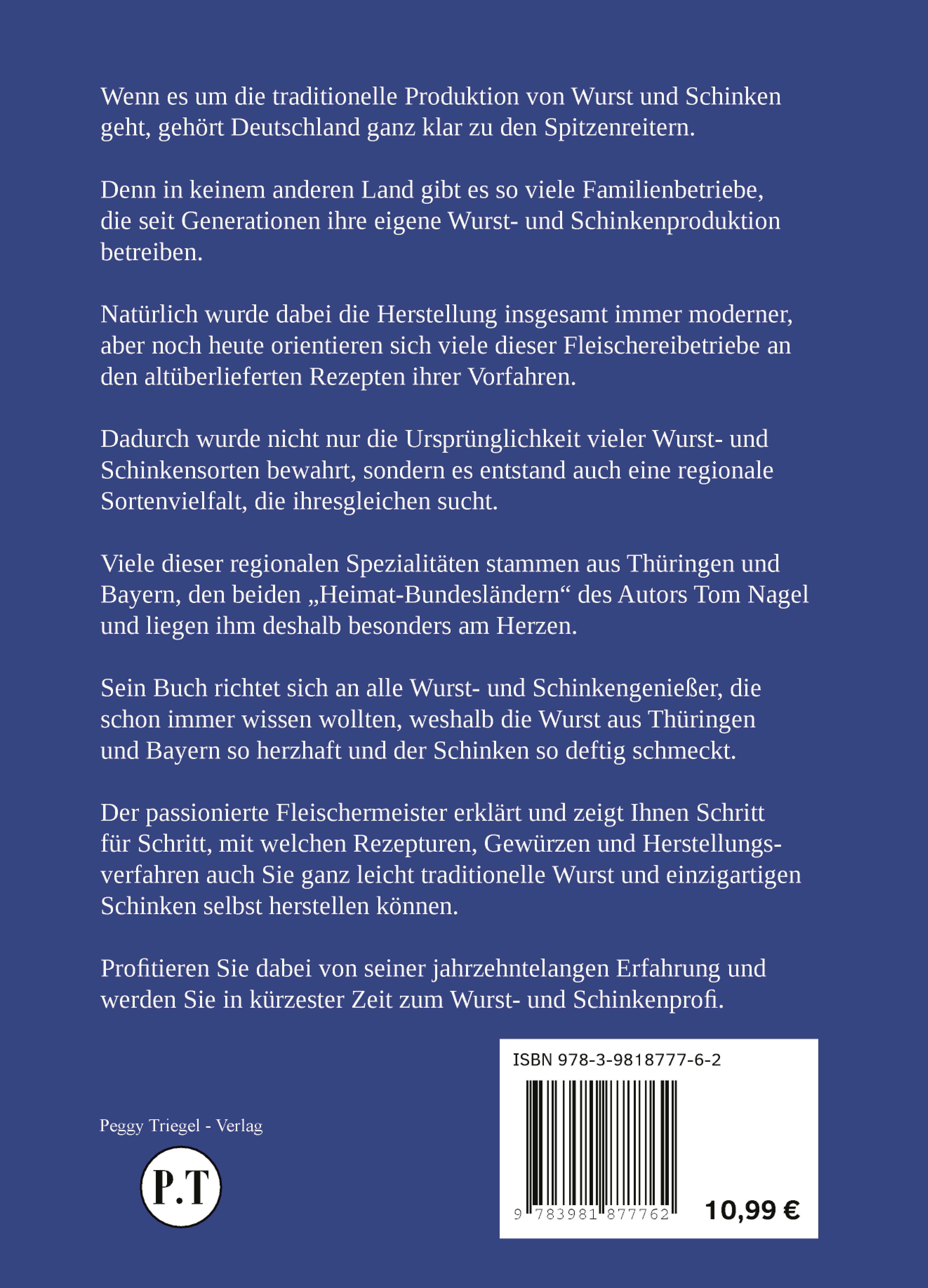 Buchrücken: "Wurstrezepte aus Thüringen und Bayern". Text und ISBN. Preis: 10,99€.