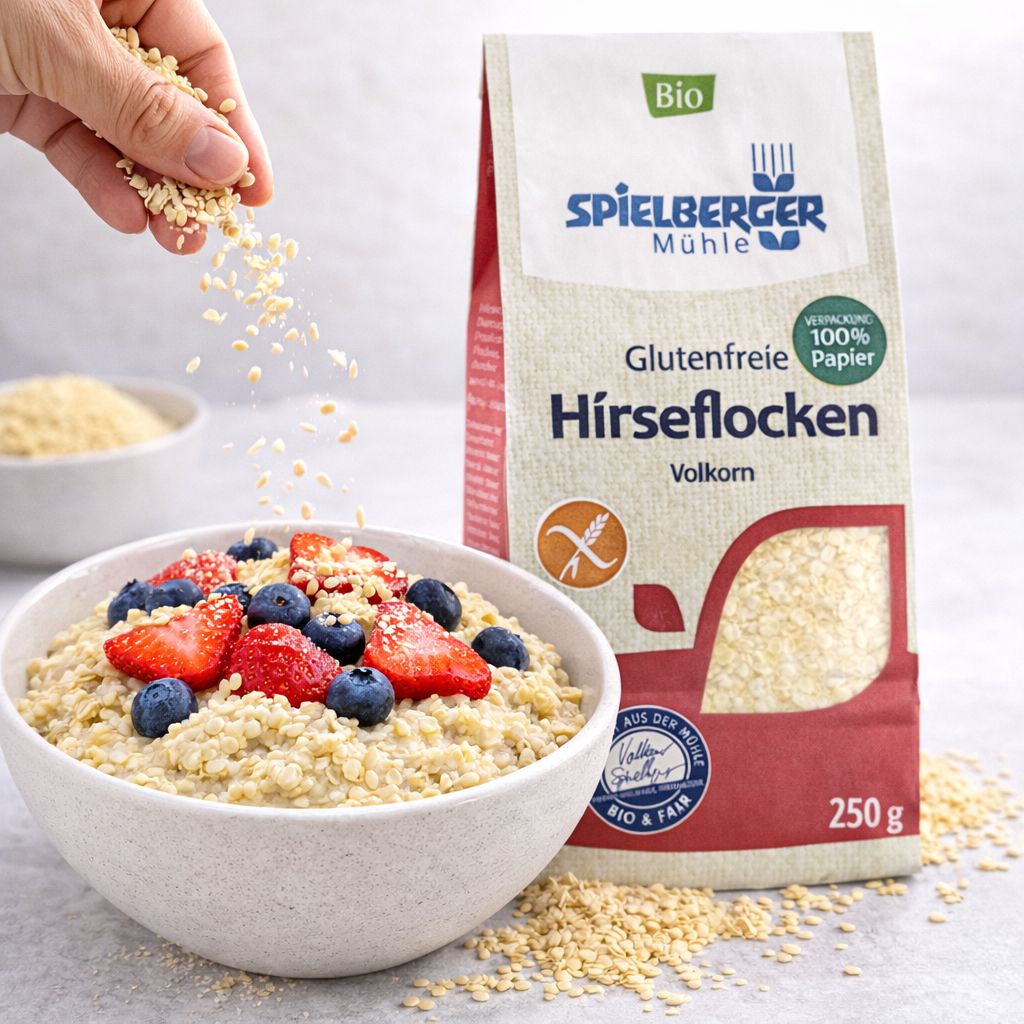 Spielberger Mühle Hirseflocken Vollkorn, glutenfrei, in einer Schüssel mit Früchten und einer Tüte daneben.