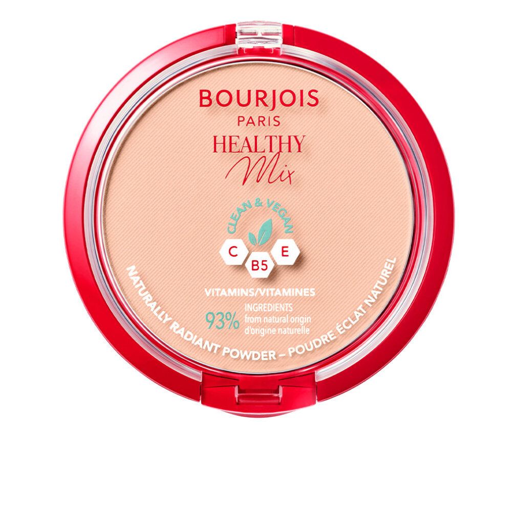 Runder, roter Puderbehälter. Beige Puder. Aufschrift: Bourjois Healthy Mix, Clean & Vegan, 93% Inhaltsstoffe natürlichen Ursprungs.