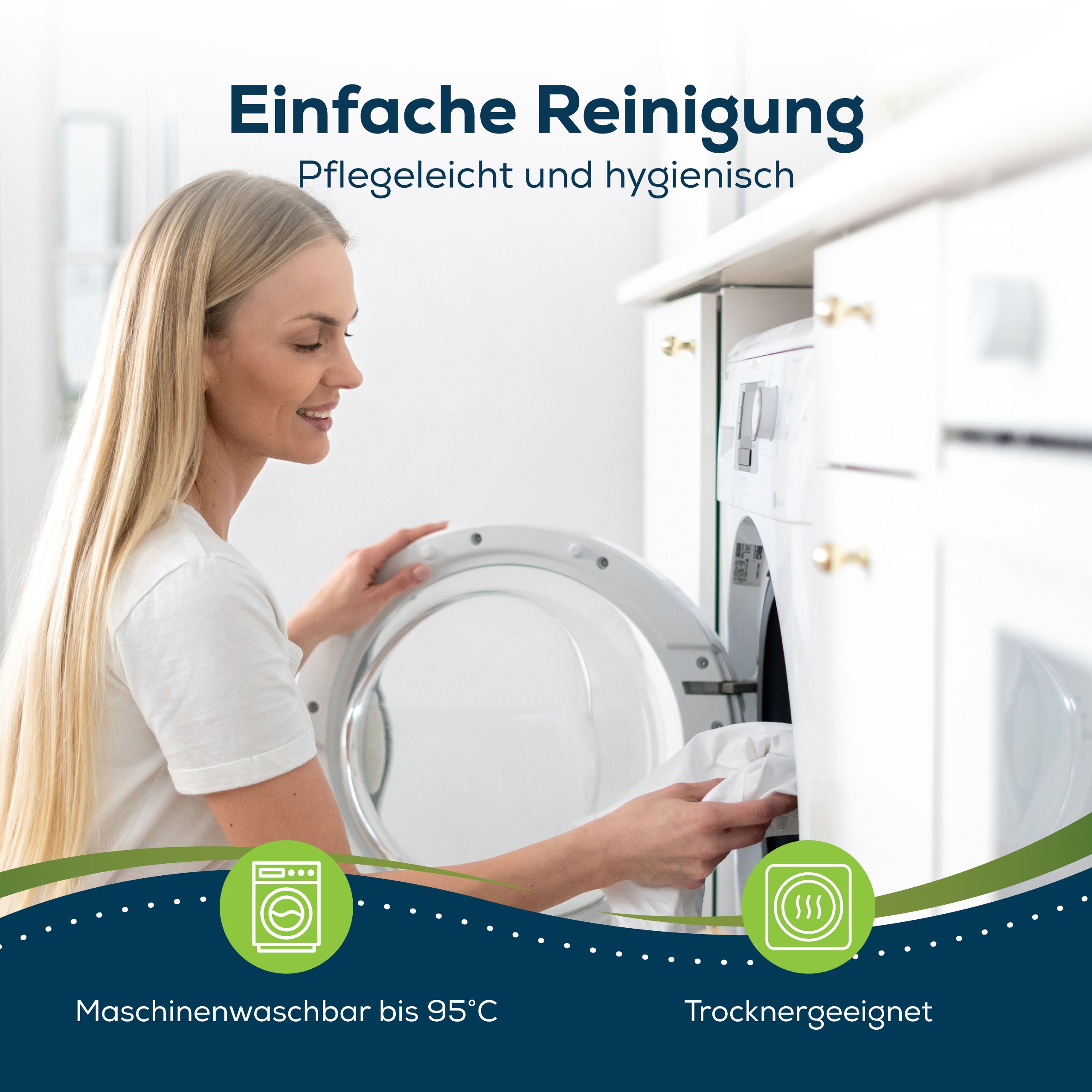 Frau legt Matratzenschoner in Waschmaschine. Text: Einfache Reinigung, pflegeleicht und hygienisch. Waschbar bis 95°C, trocknergeeignet.