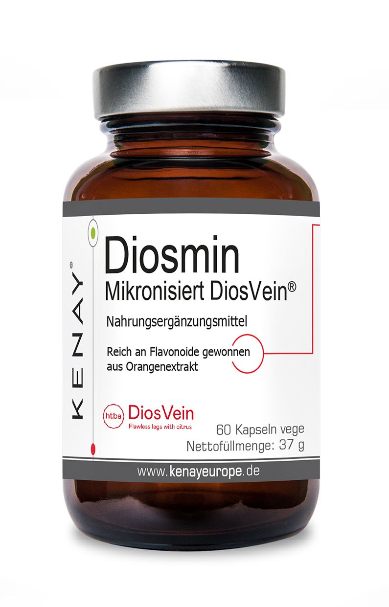 Braune Glasflasche mit Diosmin Mikronisiert DiosVein® KENAY®-Etikett. Enthält 60 Kapseln. Text: Nahrungsergänzungsmittel, vegan.