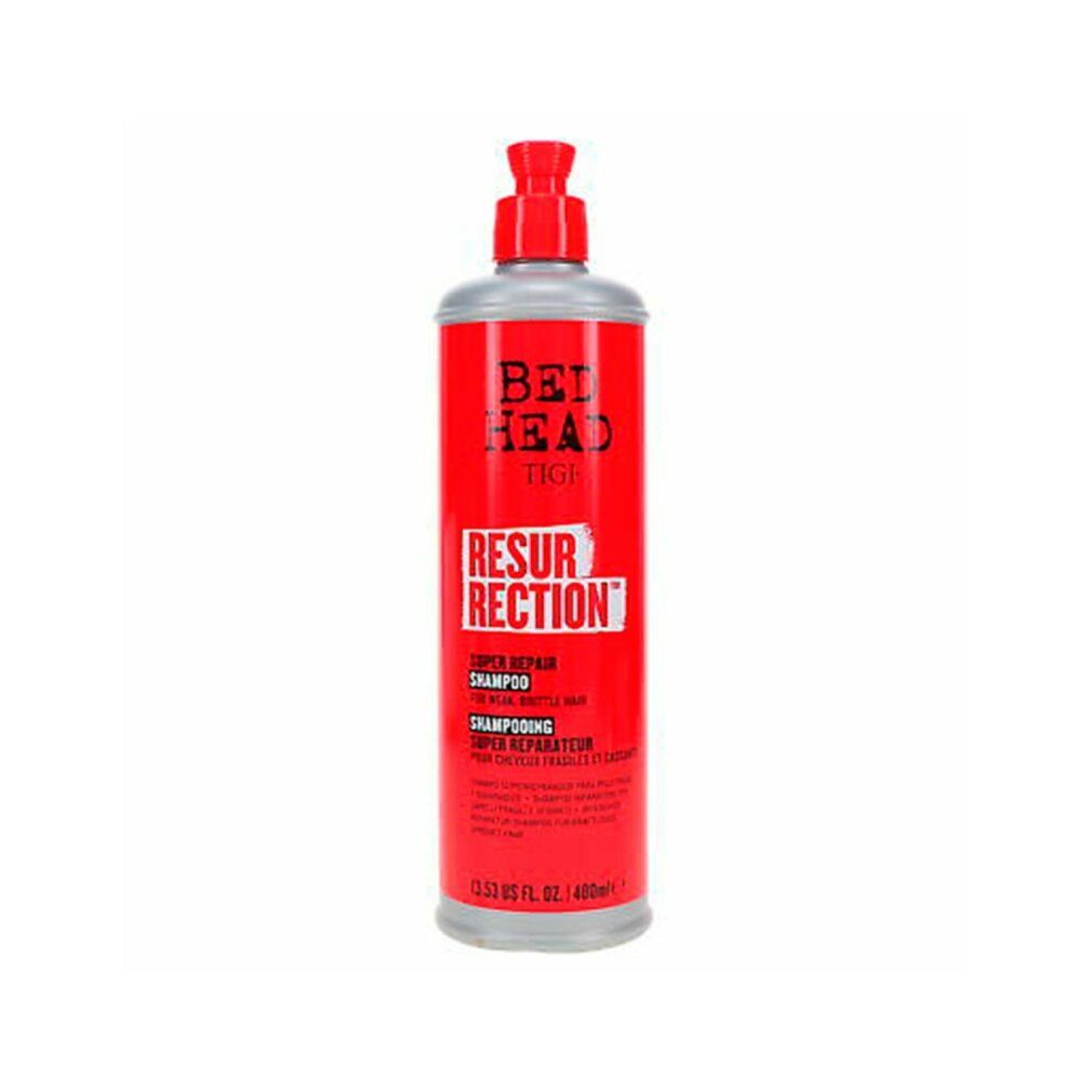 Rote Shampoo-Flasche mit silbernem Deckel. Aufschrift: Bed Head Tigi Resurrection Super Repair Shampoo. 400ml.