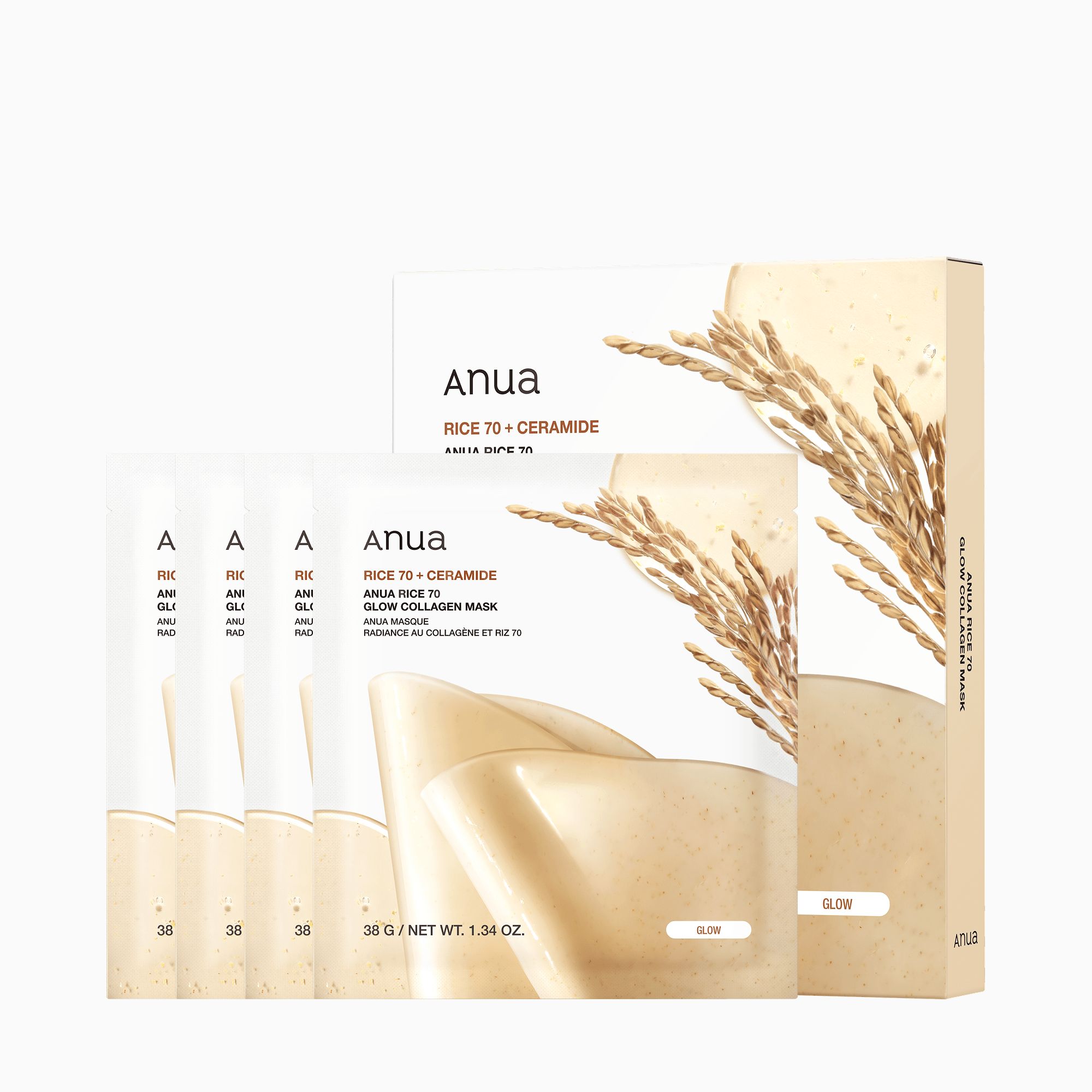 Anua Rice 70 Glow Collagen Maske. Karton und einzelne Masken. Text: Anua Rice 70 + Ceramide.