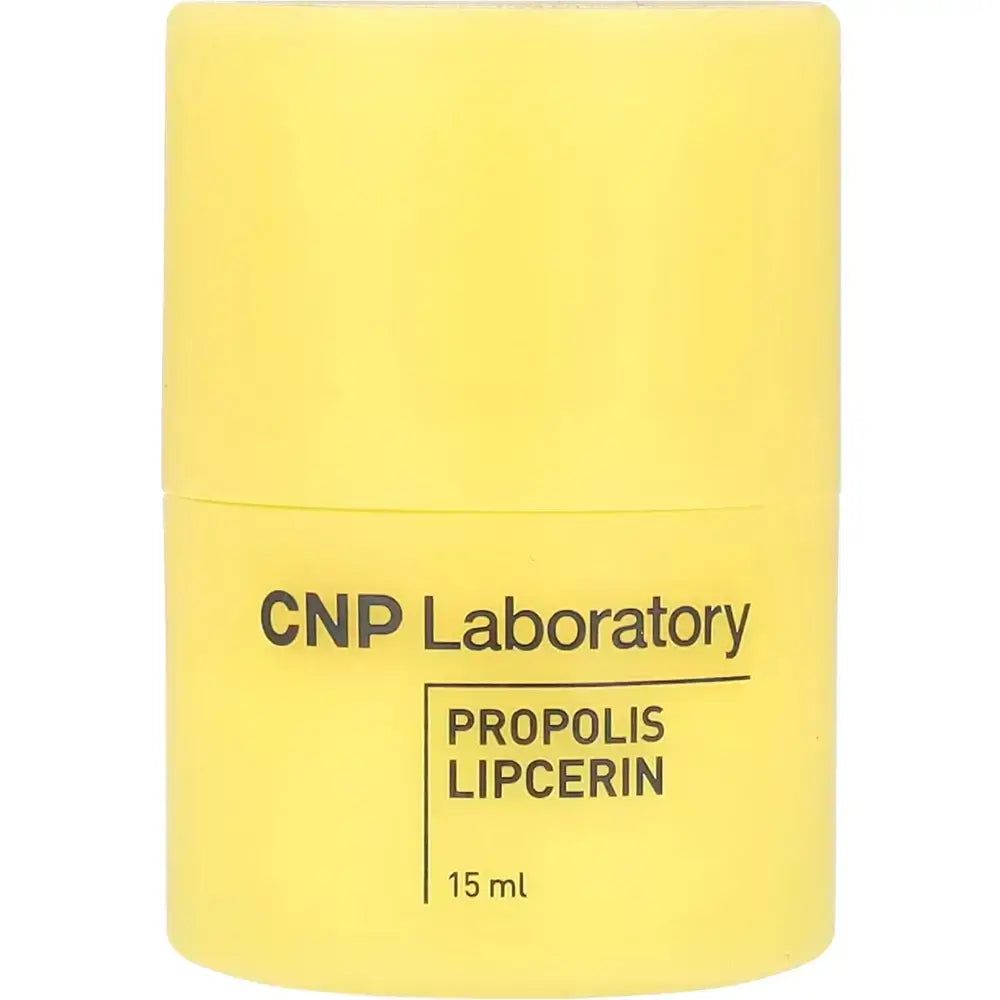 Gelber Lippenbalsam-Behälter. Text: CNP Laboratory PROPOLIS LIPCERIN 15 ml.