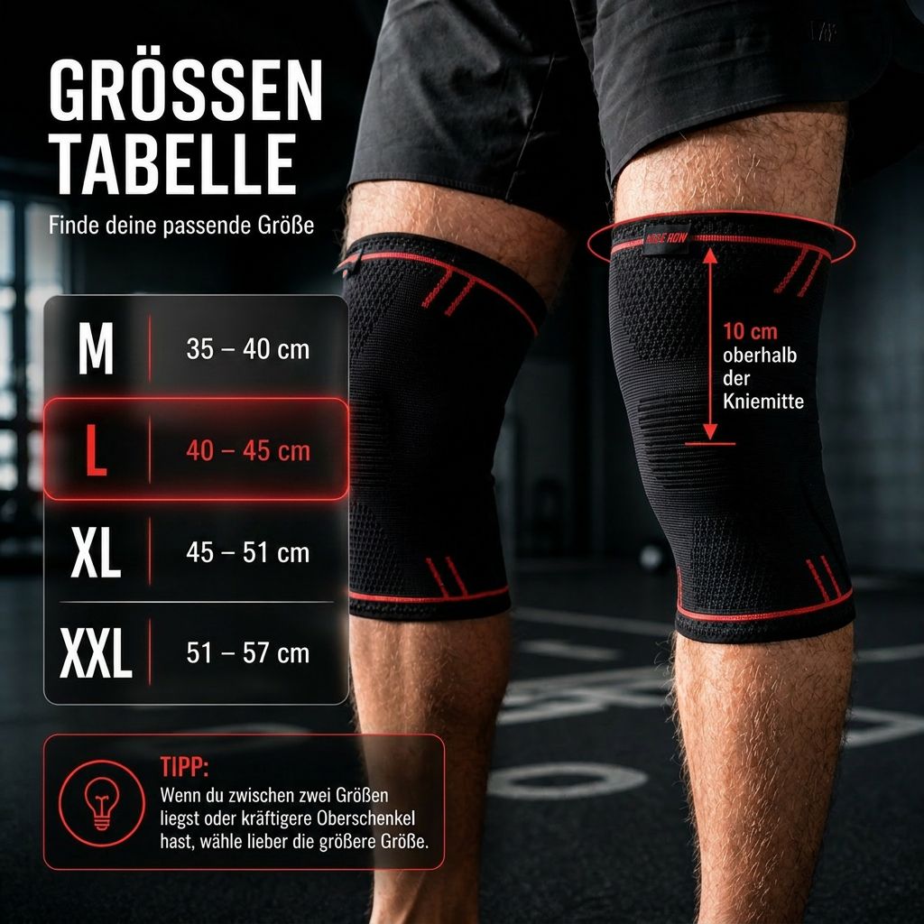 Größentabelle für Kniebandagen. Größen M (35-40 cm), L (40-45 cm), XL (45-51 cm), XXL (51-57 cm).
