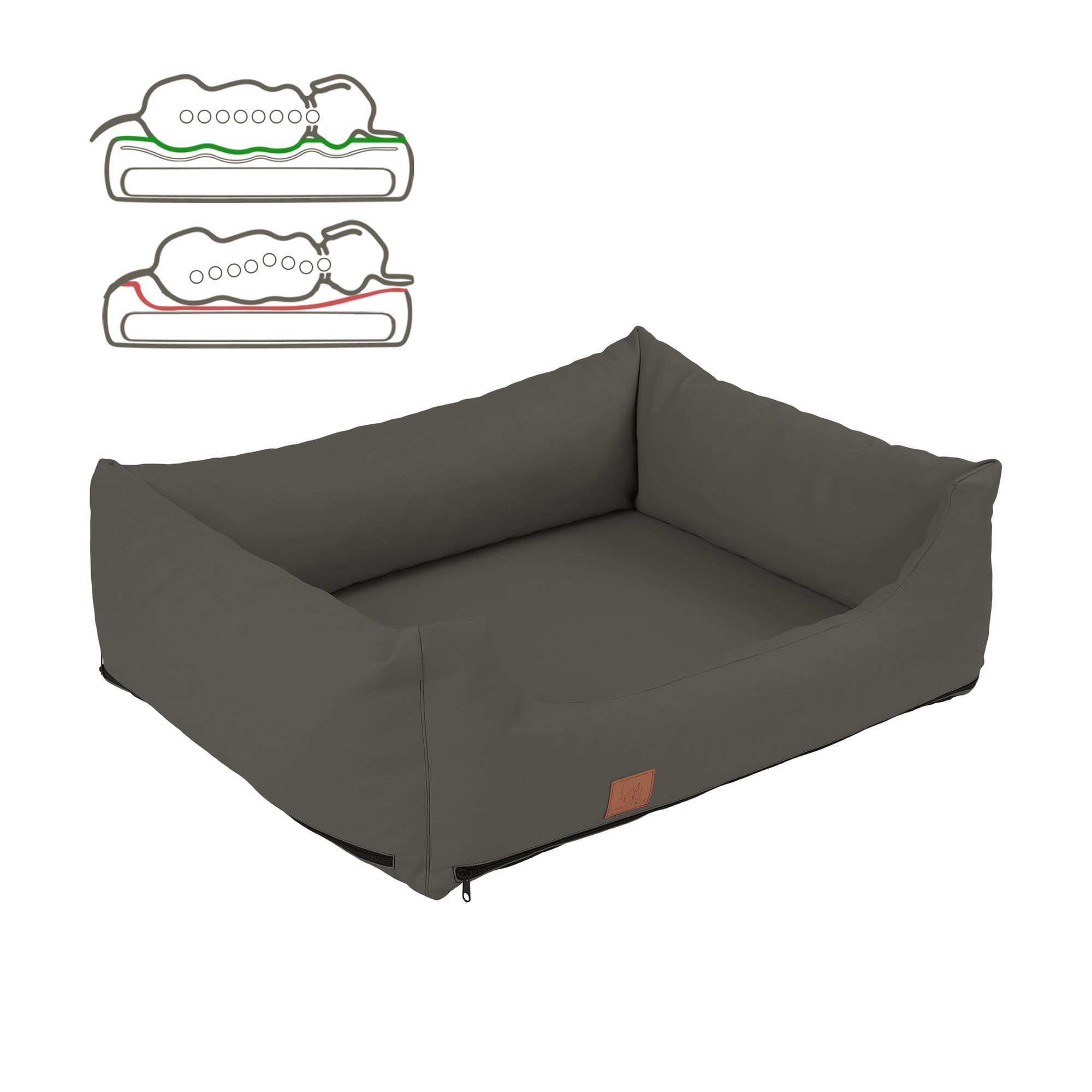 Rechteckiges Hundebett, taupefarbenes Kunstleder, mit Reißverschluss. Braunes Label an der Seite.