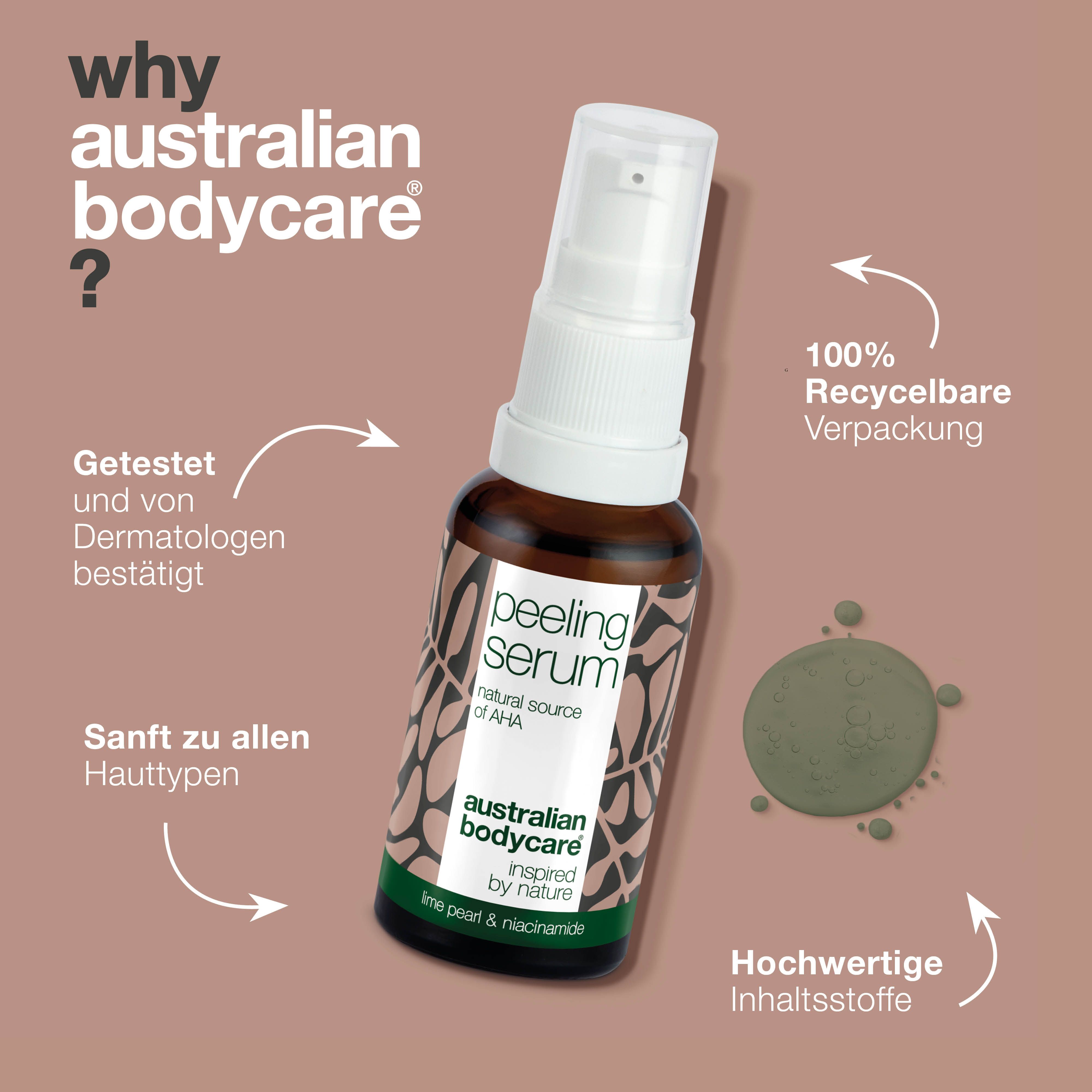 Flasche Peeling Serum. Text: Getestet von Dermatologen, sanft zu allen Hauttypen, 100% recycelbare Verpackung.