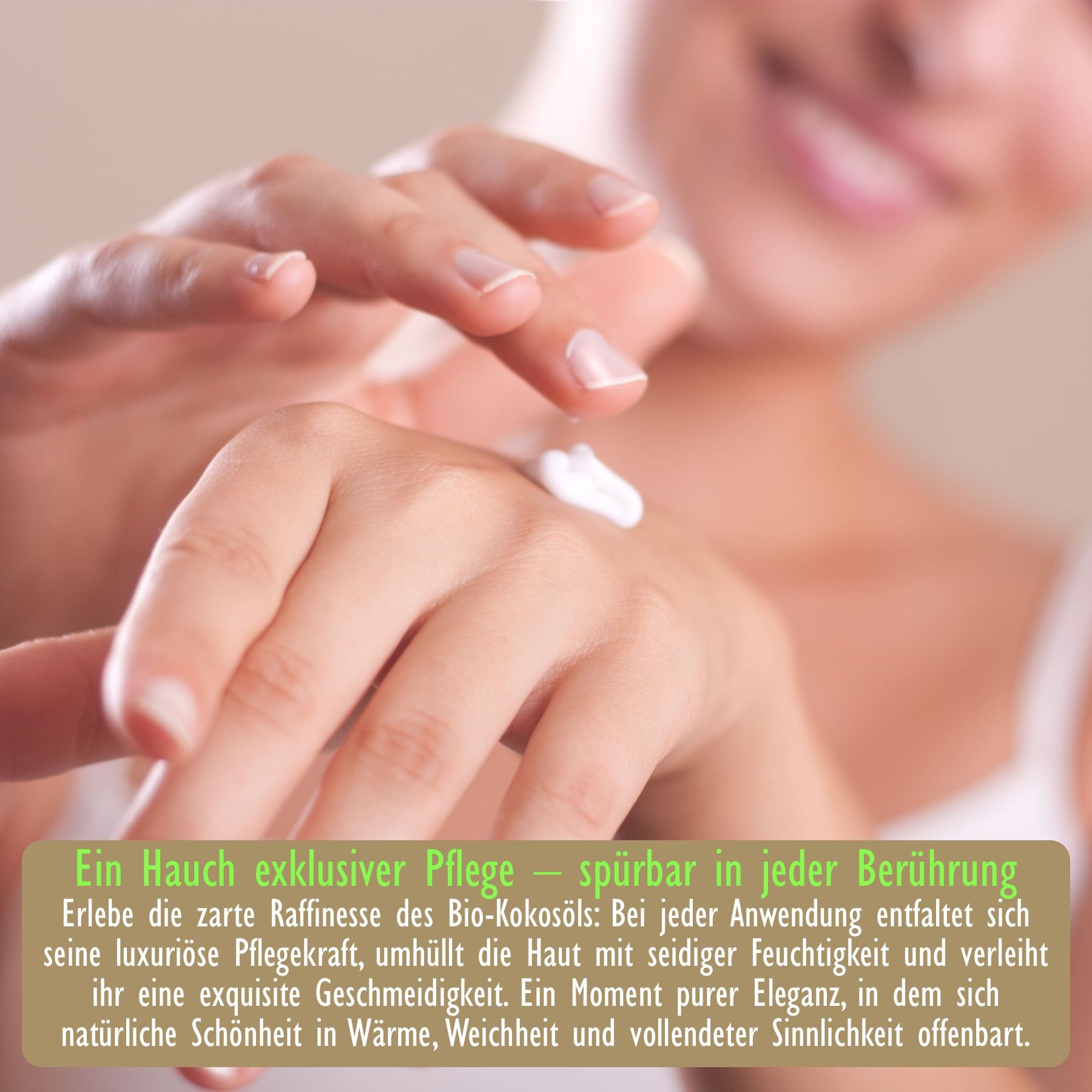 Hände einer Frau, die Handcreme aufträgt. Text: Ein Hauch exklusiver Pflege – spürbar in jeder Berührung.