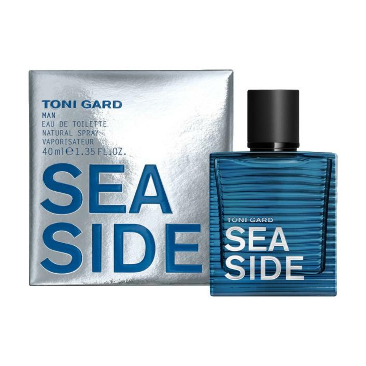 Toni Gard SEA SIDE MAN Eau de Toilette. Flakon und Verpackung. Blaues Glas, schwarzer Deckel. Silberne Verpackung mit Schriftzug SEA SIDE.