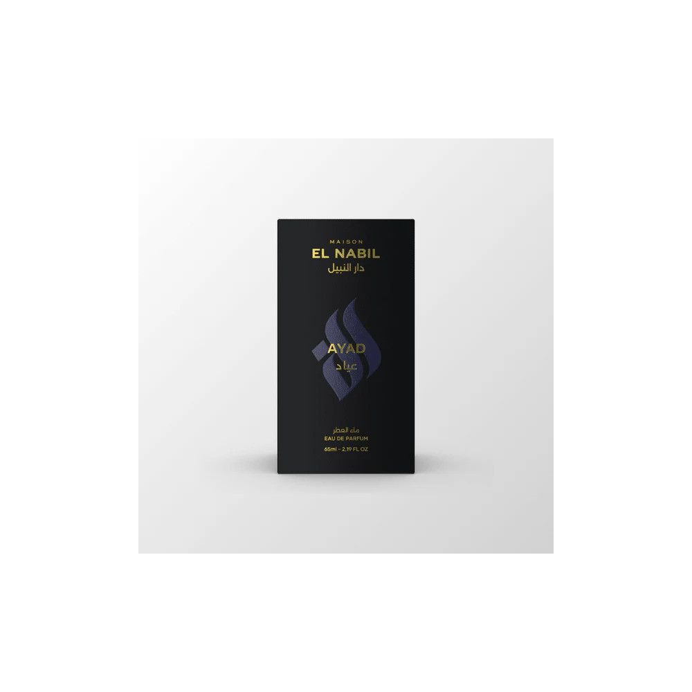 Schwarze Parfümverpackung mit goldener Schrift und einem stilisierten Symbol.