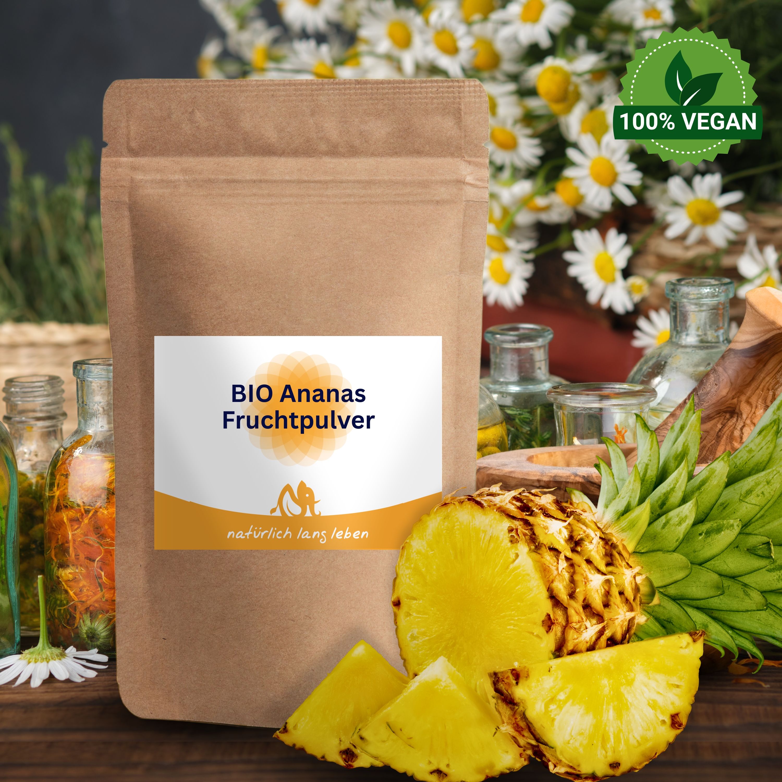 Braune Tüte mit Etikett: BIO Ananas Fruchtpulver. Ananasstücke und Pflanzen im Hintergrund. Logo: natürlich lang leben.