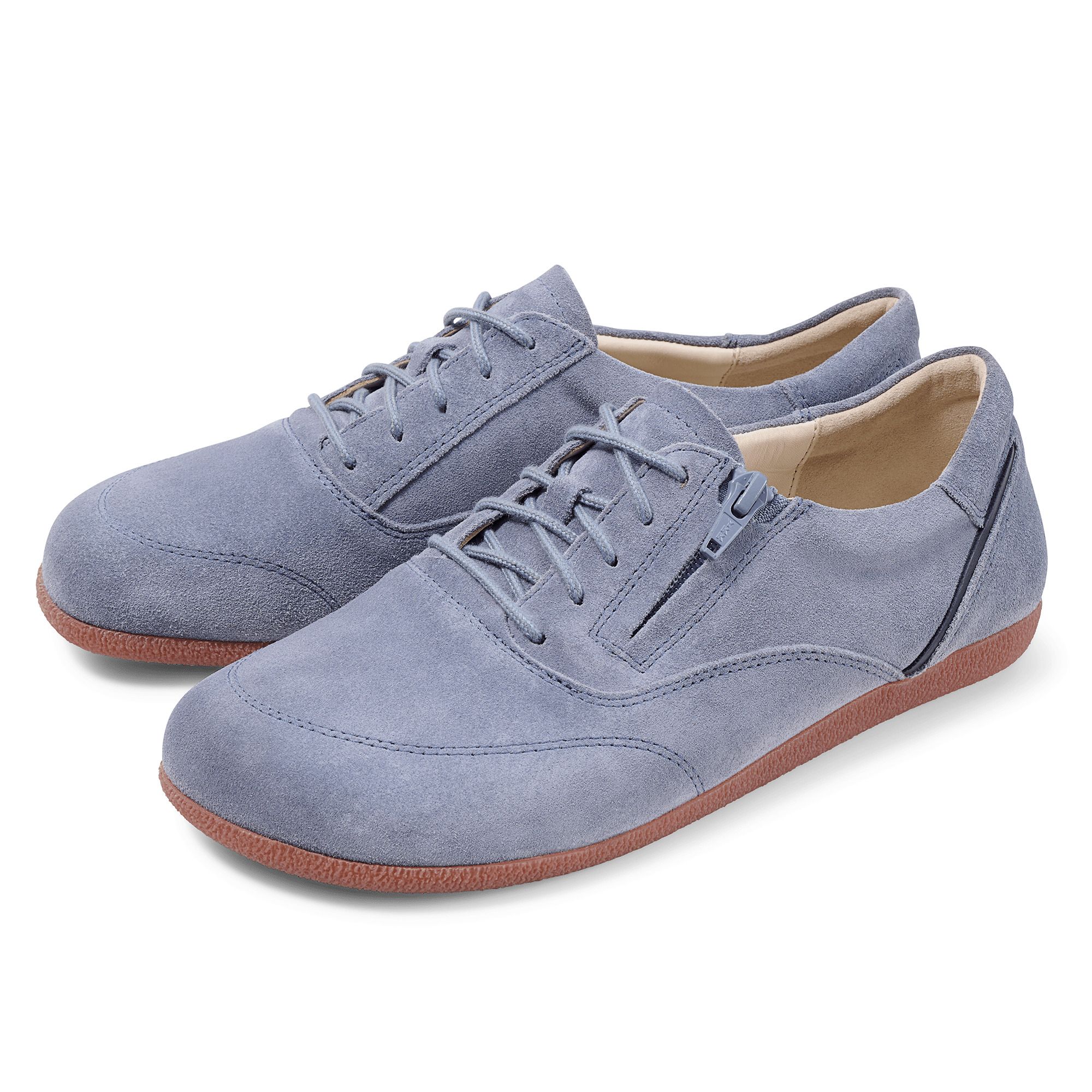 Zwei blaue Schnürschuhe mit seitlichem Reißverschluss und brauner Sohle. Weite: breit.
