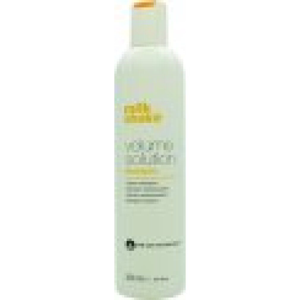 Weiße Flasche mit gelbem Etikett, "milk_shake volume solution shampoo" aufgedruckt.