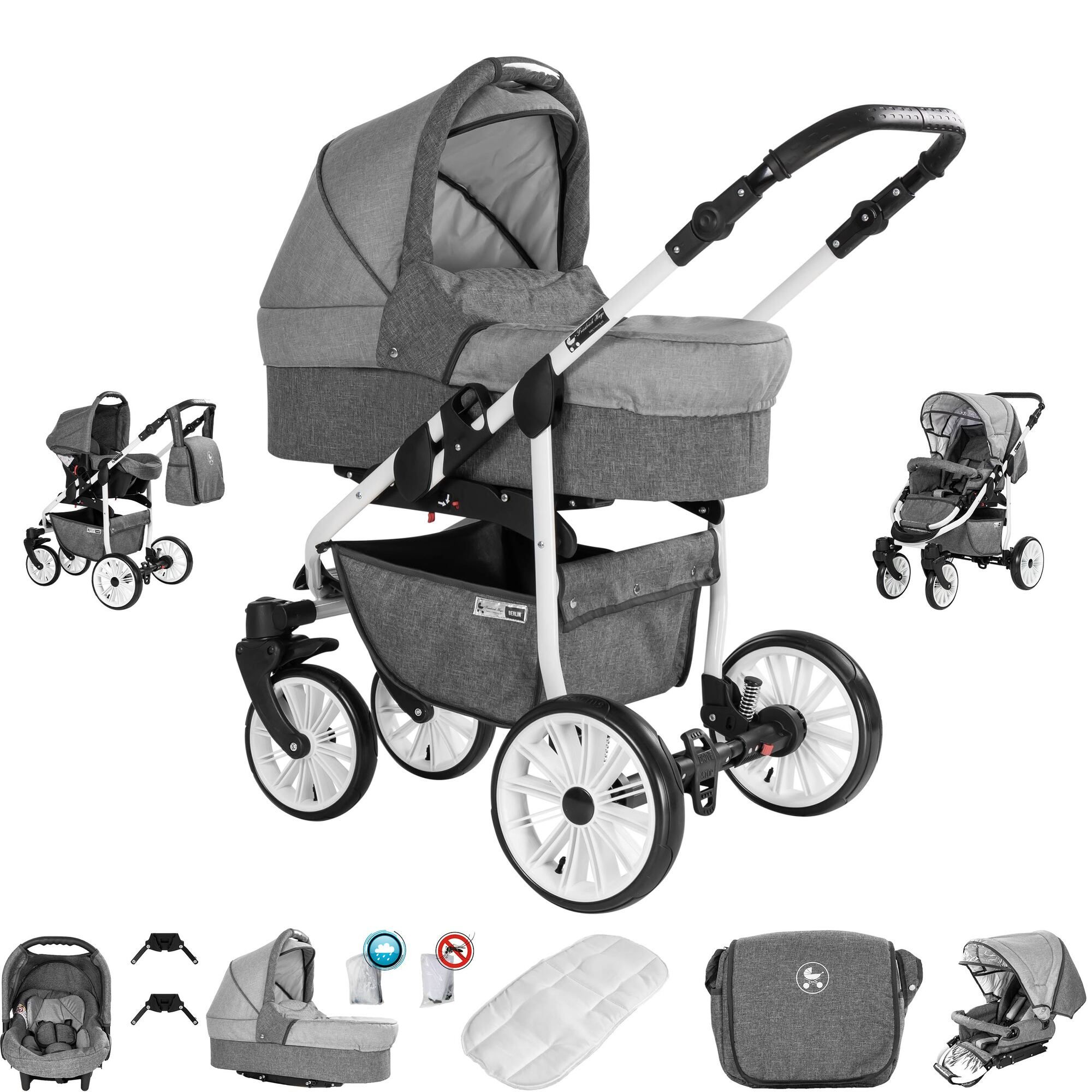 Friedrich Hugo Berlin 3 in 1 Kinderwagen Komplettset Luftreifen, Grey and Light Grey Day