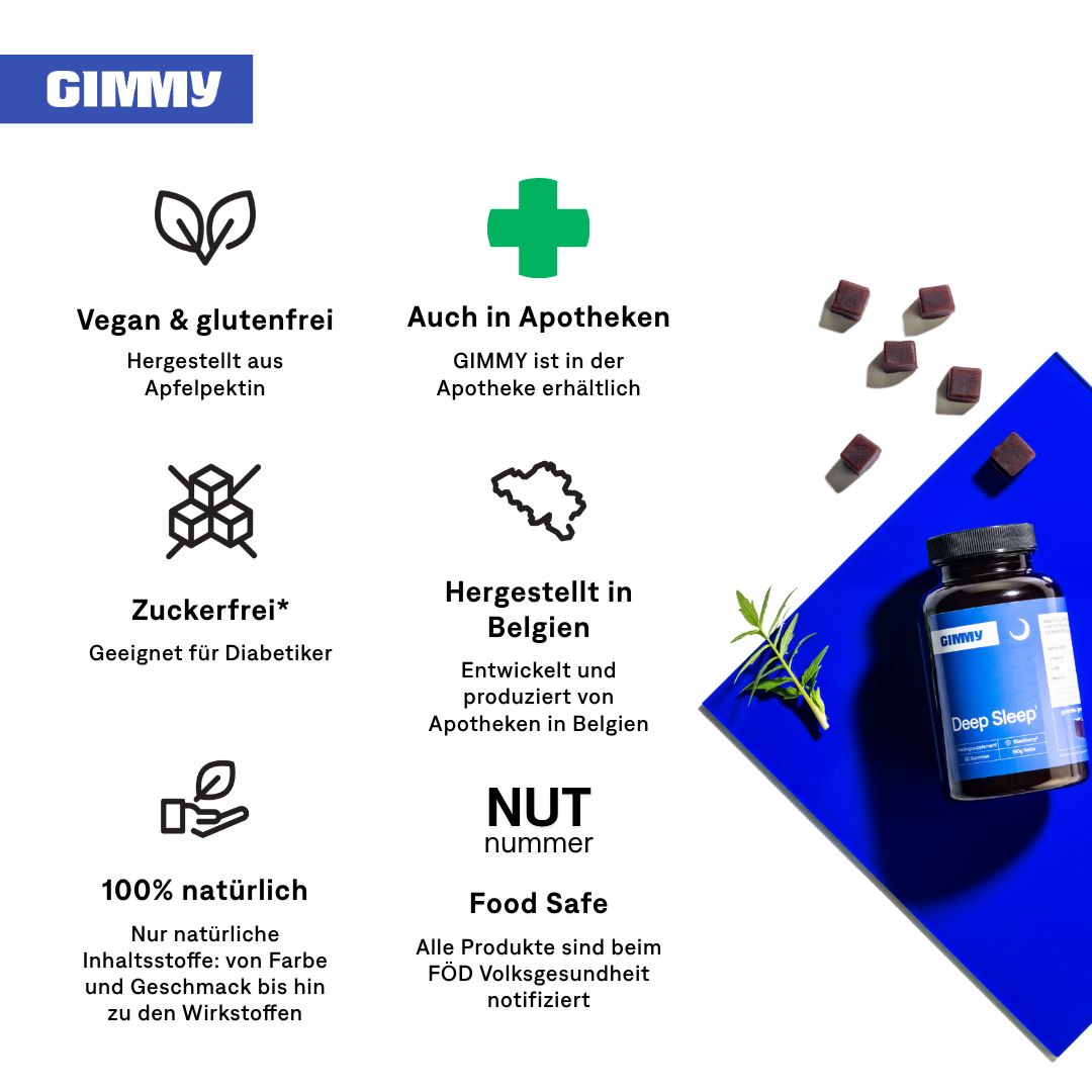 GIMMY Deep Sleep Gummies Flasche mit Symbolen: Vegan, glutenfrei, zuckerfrei, natürlich, Apotheke, Belgien.