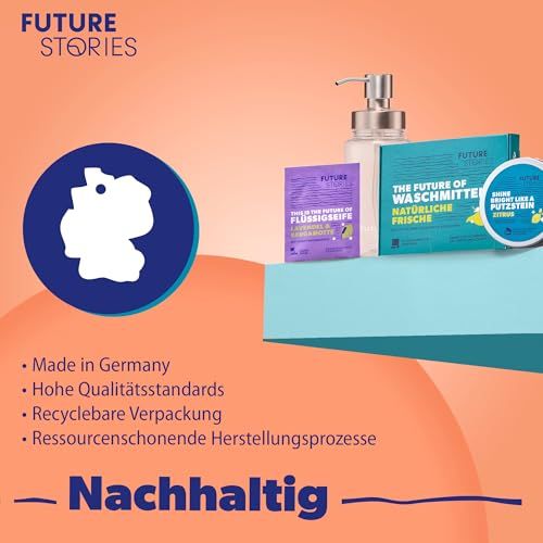 Produkt-Werbung mit Logo Future Stories. Text: Made in Germany, hohe Qualitätsstandards, recyclebare Verpackung.