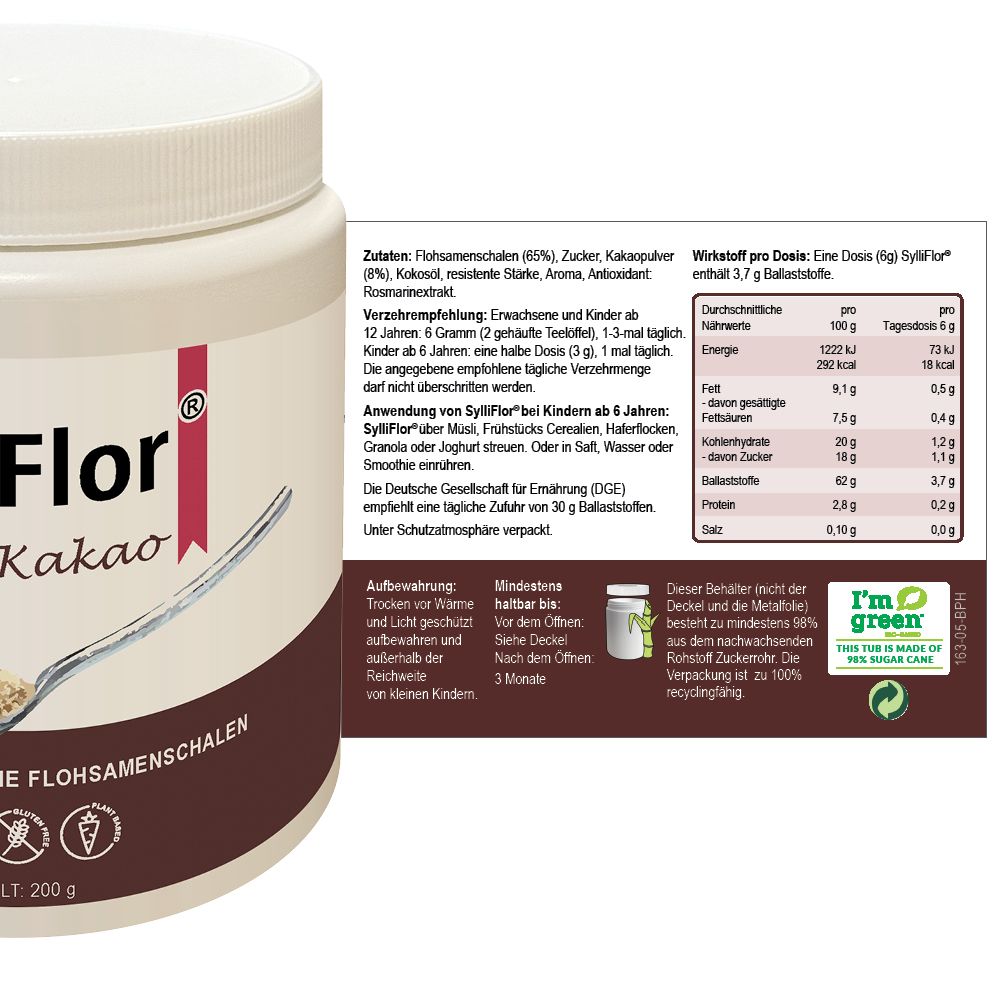 Produktbehälter mit Etikett. Text: Zutaten, Nährwerttabelle, Verzehrempfehlung. SylliFlor Kakao, Flohsamenschalen.