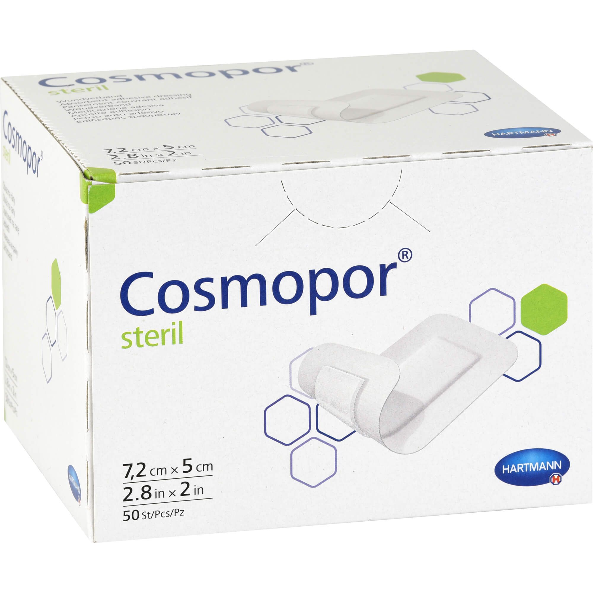 Hartmann Cosmopor® Steril Wundverband-Packung. Weißer Karton mit Produktabbildung. Aufschrift: Cosmopor steril, 7,2 x 5 cm, 50 St/Pcs/Pz. Hartmann Logo.