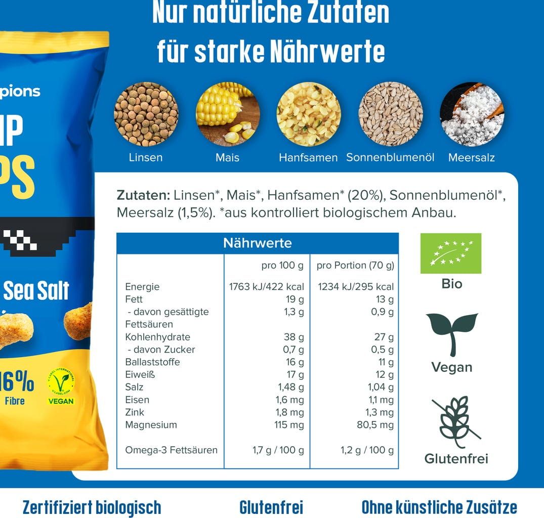 Hempions Hemp Flips Sea Salt Verpackung. Zutaten: Linsen, Mais, Hanfsamen, Sonnenblumenöl, Meersalz. Nährwerttabelle, Bio-Siegel, vegan, glutenfrei.