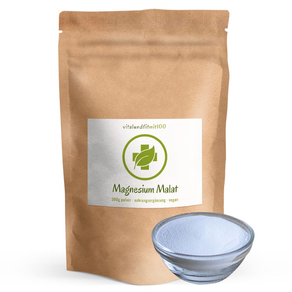 Beutel mit weißem Pulver und Schale. Aufschrift: Magnesium Malat, vitalundfitmit100. Vegan.