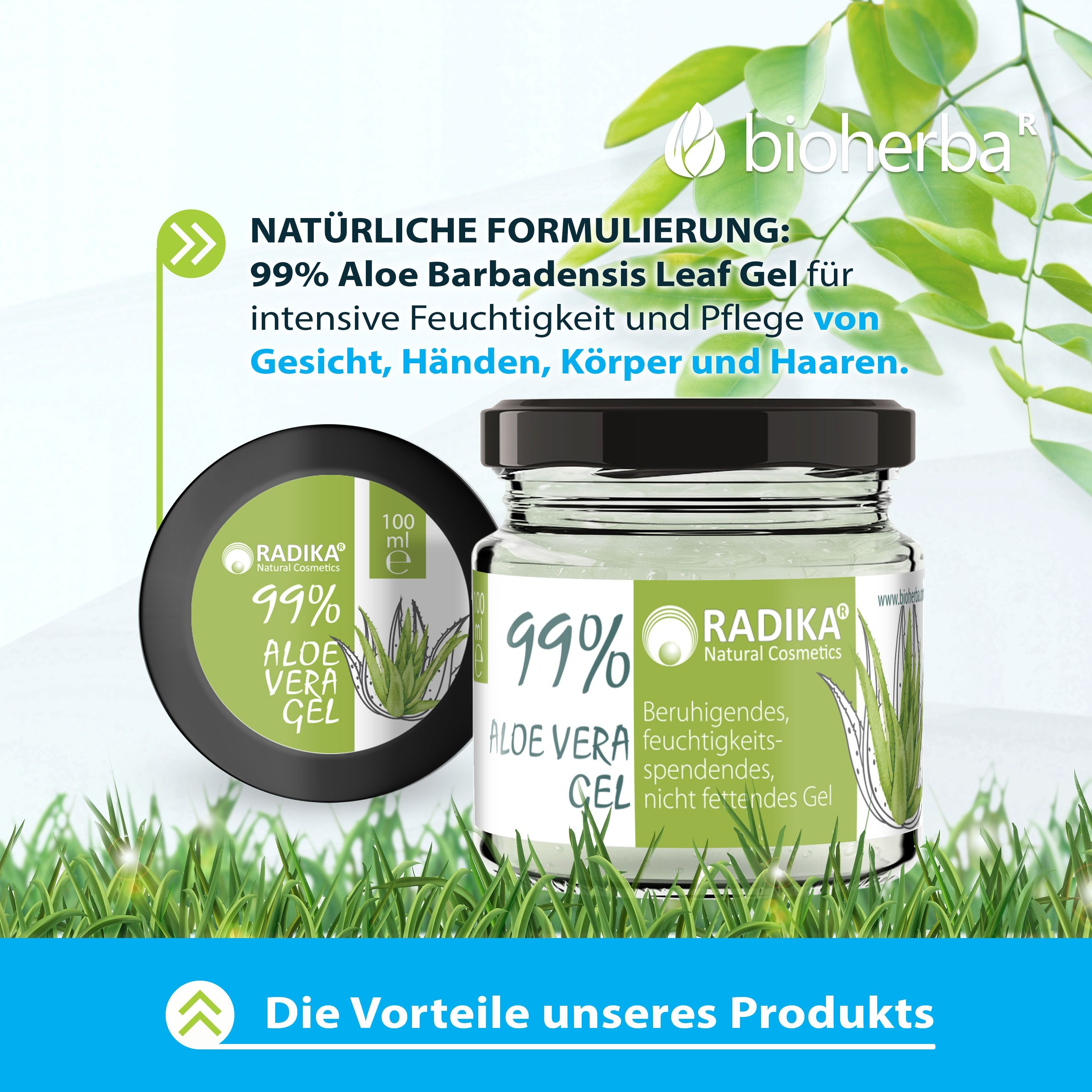 Glas mit Aloe Vera Gel und Deckel. Etikett: 99% Aloe Vera Gel, Radika. Schwarzer Deckel.
