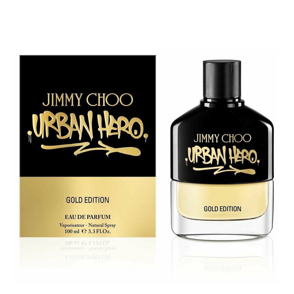 Schwarzer Flakon und Verpackung mit goldfarbenem Text. Aufschrift: Jimmy Choo Urban Hero Gold Edition.