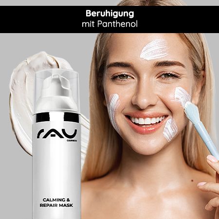 Weiße Flasche mit RAU Cosmetics Calming & Repair Mask, Frau mit Pinsel. Text: Beruhigung mit Panthenol.