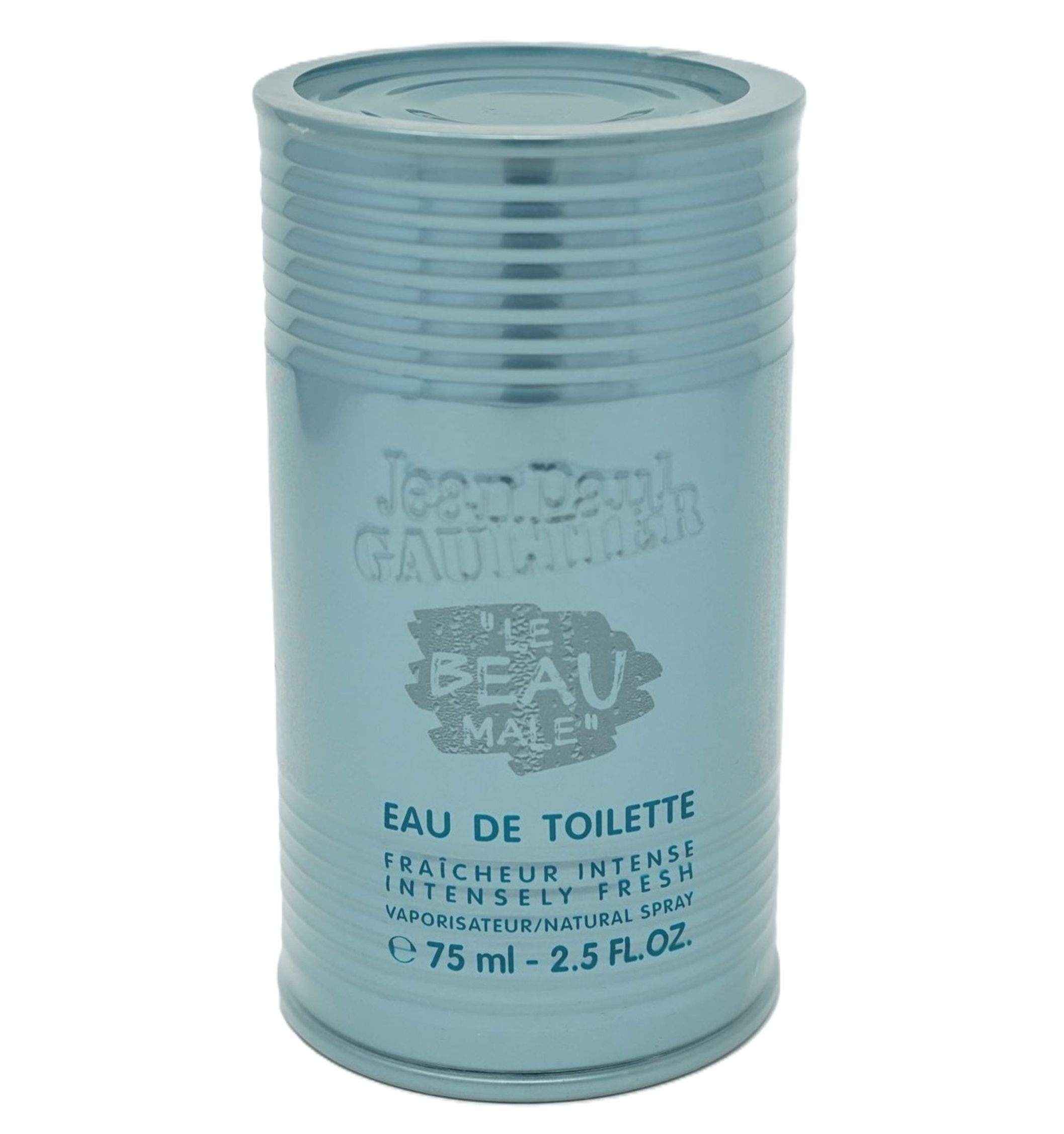 Hellblaues Eau de Toilette in zylindrischer Dose. Aufschrift: Jean Paul Gaultier Le Beau Male, Eau de Toilette, 75 ml.