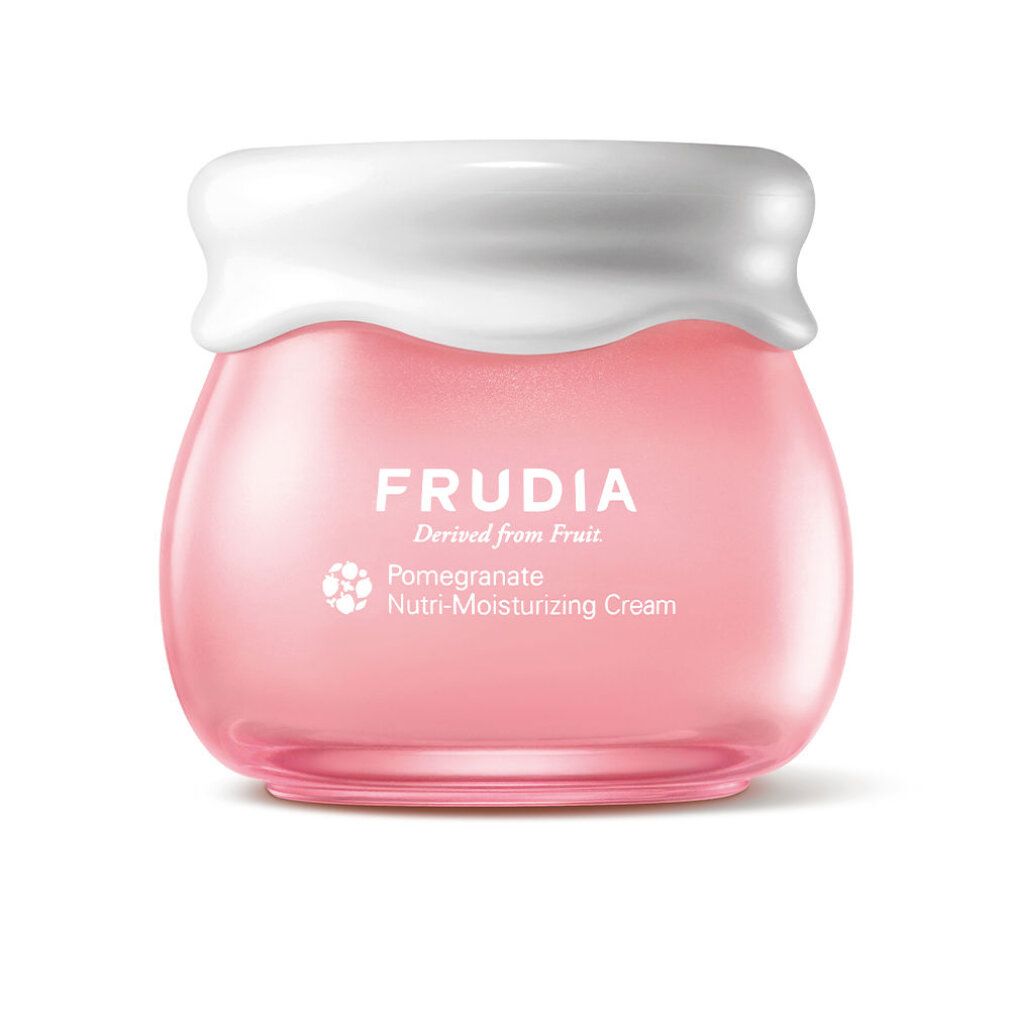 Rosa Tiegel mit weißem Deckel. Aufschrift: FRUDIA, Pomegranate Nutri-Moisturizing Cream.
