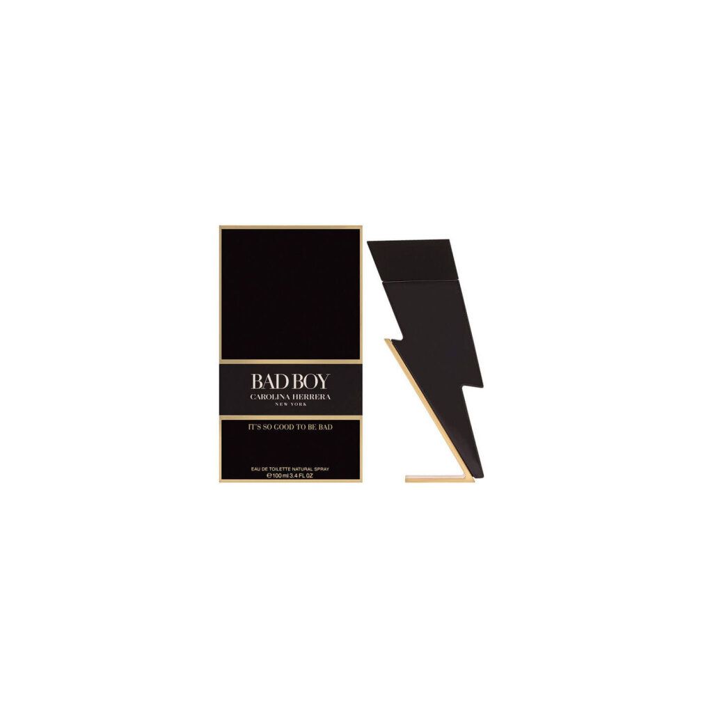 Schwarze Verpackung und Flakon in Blitzform. Aufschrift: Bad Boy, Carolina Herrera. Goldfarbene Akzente.
