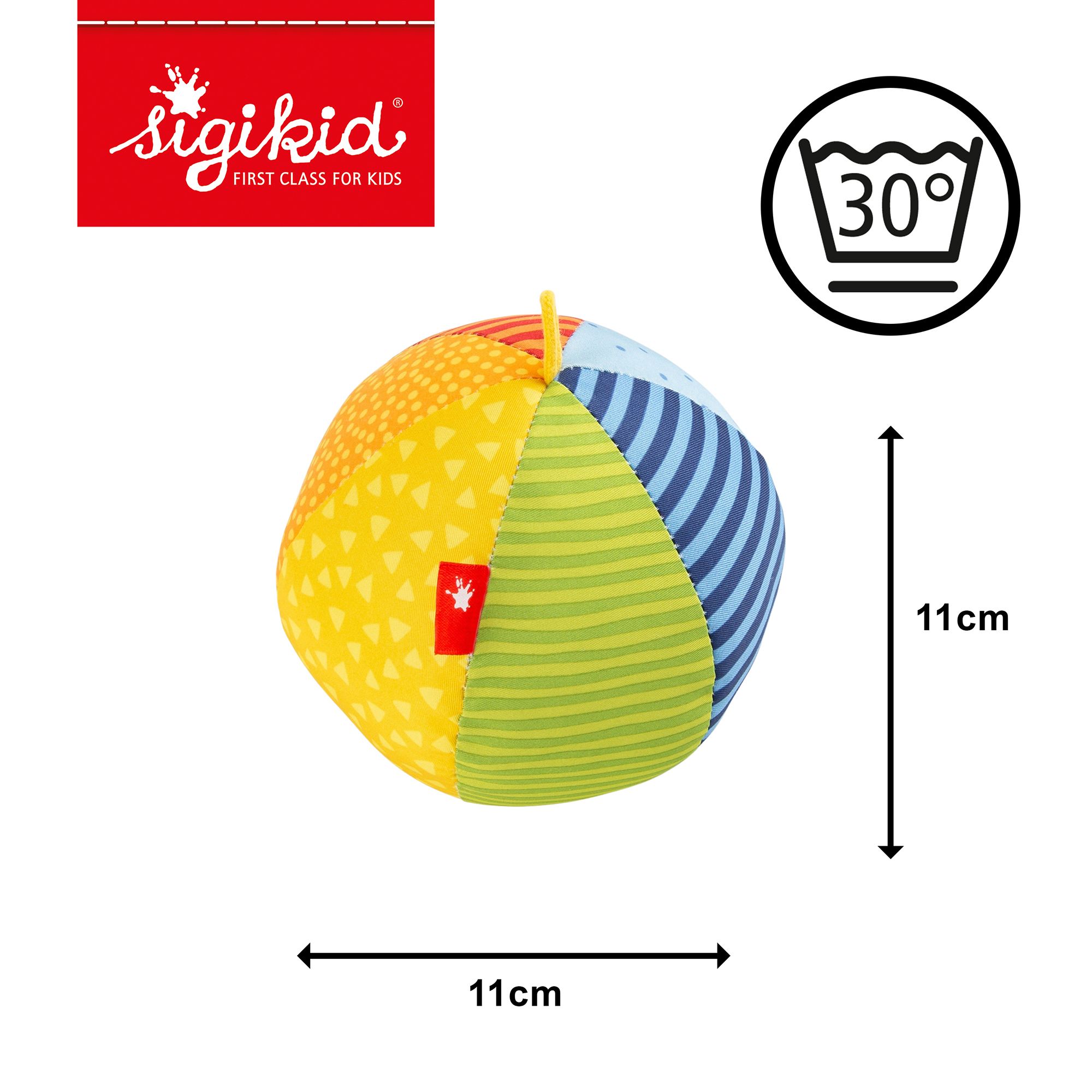 Bunter Stoffball mit Logo und Größenangabe 11cm. Waschsymbol 30°C.