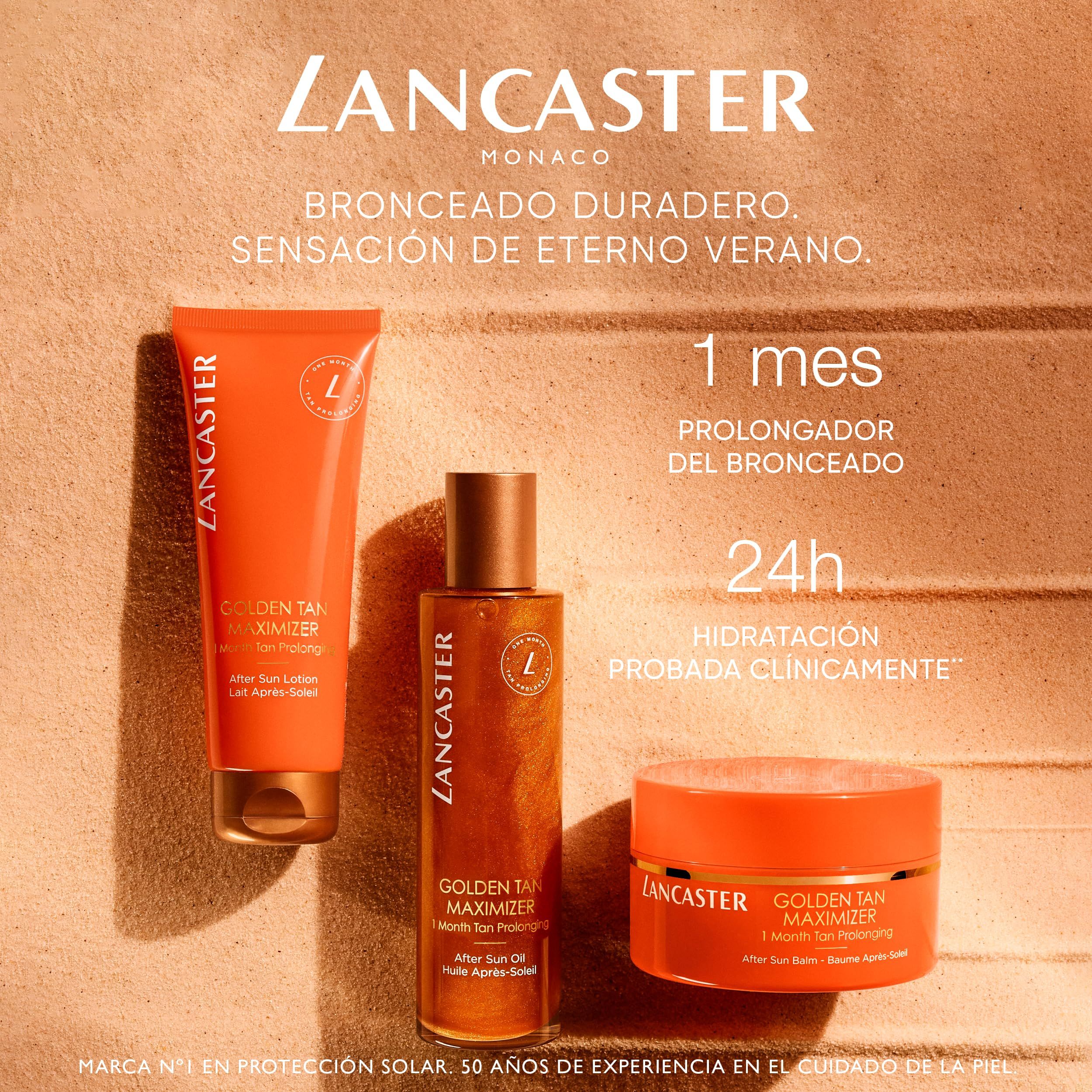 Drei Produkte auf sandfarbenem Hintergrund. Aufschrift: Lancaster. Golden Tan Maximizer. 1 mes. 24h.