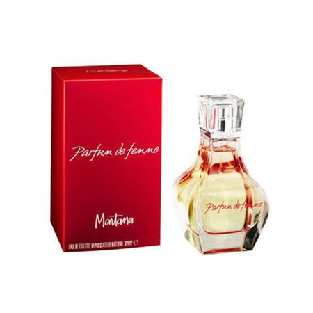 Roter Karton und Flakon. Auf dem Karton steht "Parfum de femme" und "Montana". Der Flakon hat eine klare, kantige Form.