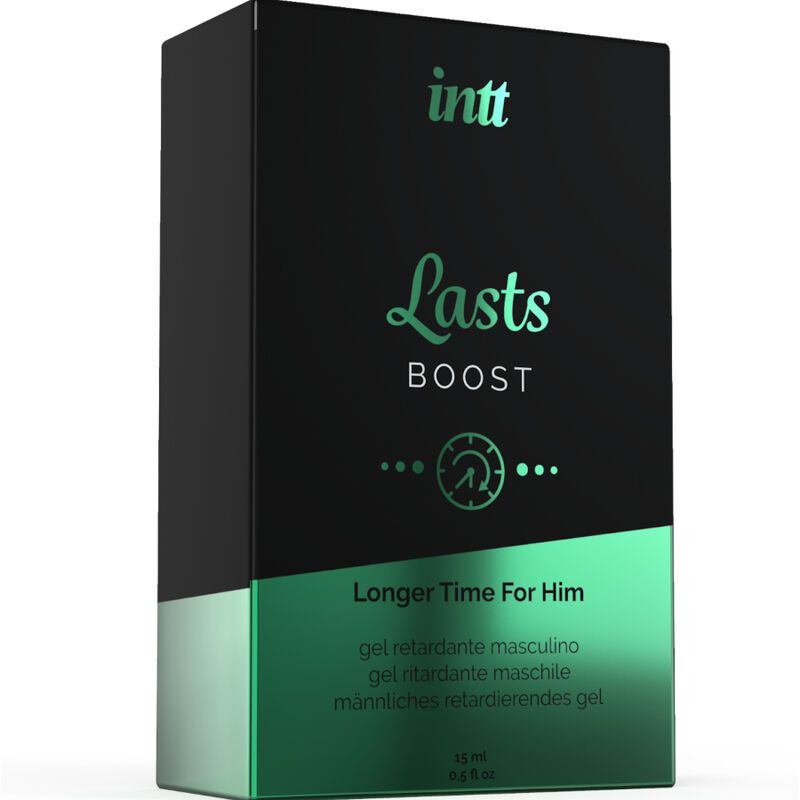 Schwarze Schachtel mit grünem Akzent. Aufschrift: INTT, Lasts Boost, Longer Time For Him. Mehrsprachig.
