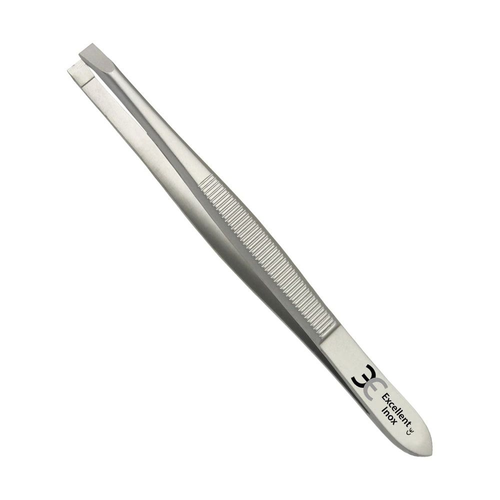 Gerade Pinzette aus Metall. Geriffelte Grifffläche. Aufschrift: Excellent Inox.