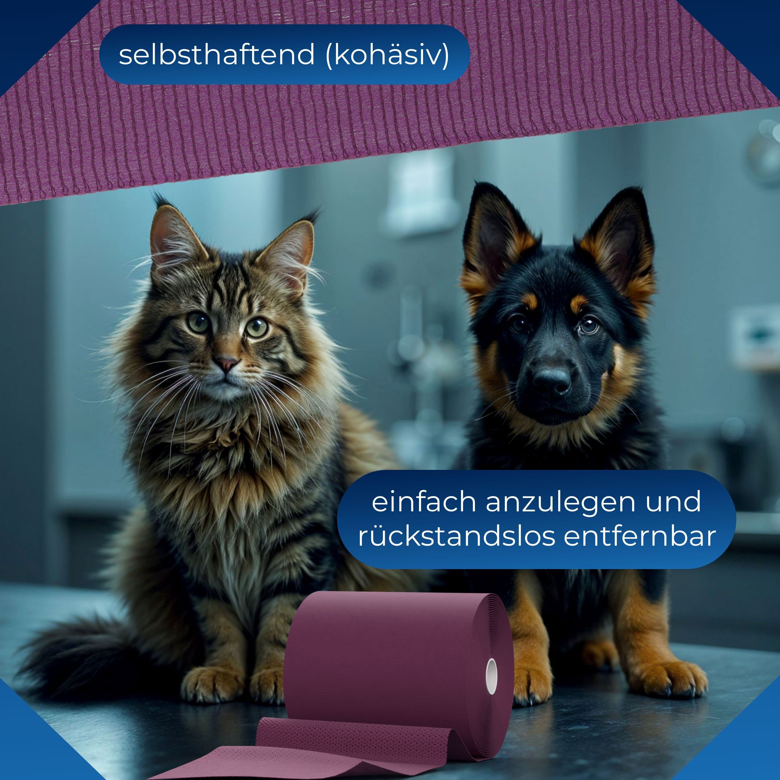 Violette, kohäsive Fixierbinde, gerollt. Katze und Hund. Text: Selbsthaftend (kohäsiv). Einfach anzulegen und rückstandslos entfernbar.