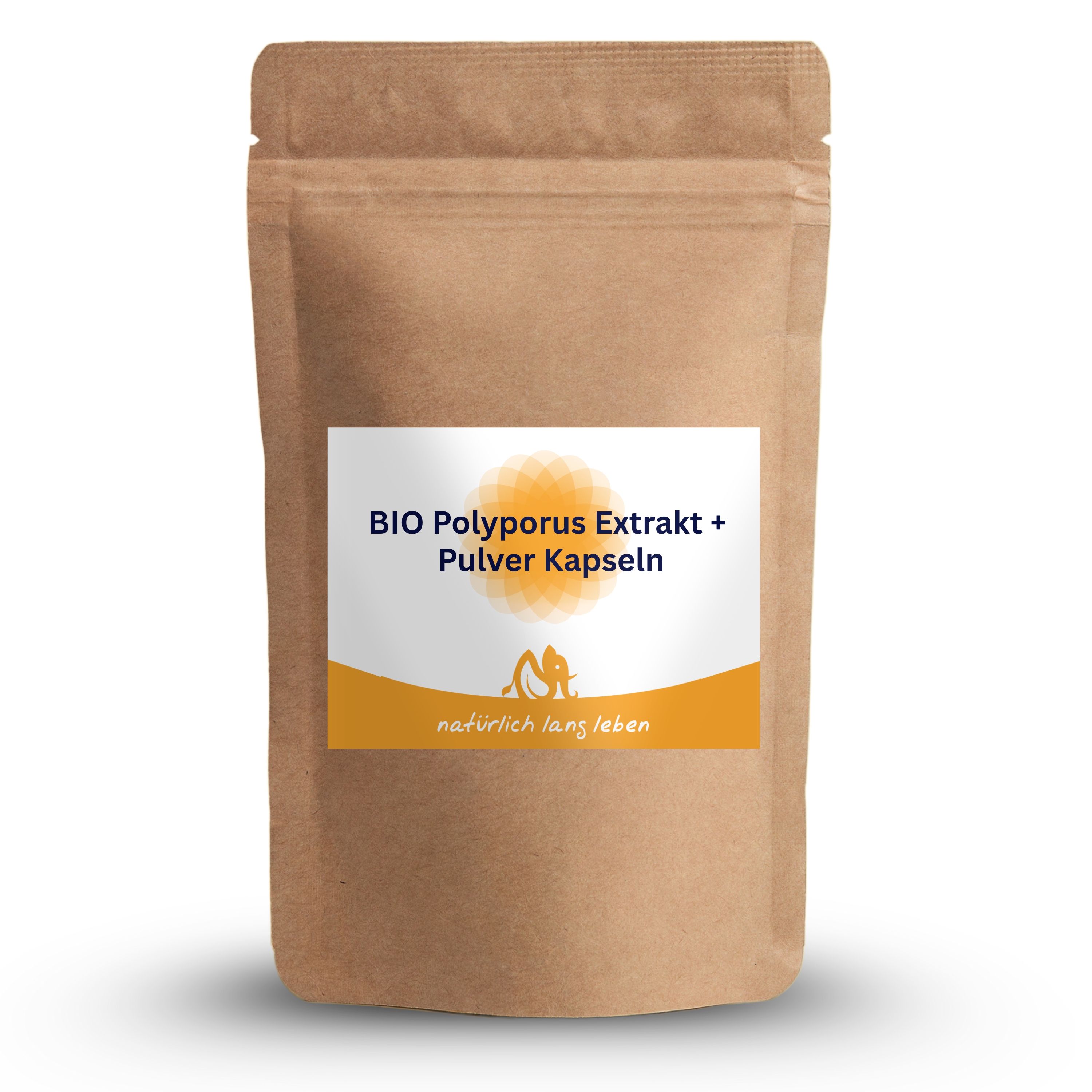 Braune Papierverpackung mit Etikett. Aufschrift: BIO Polyporus Extrakt + Pulver Kapseln. Logo: Sonne und Figur. Marke: natürlich lang leben.