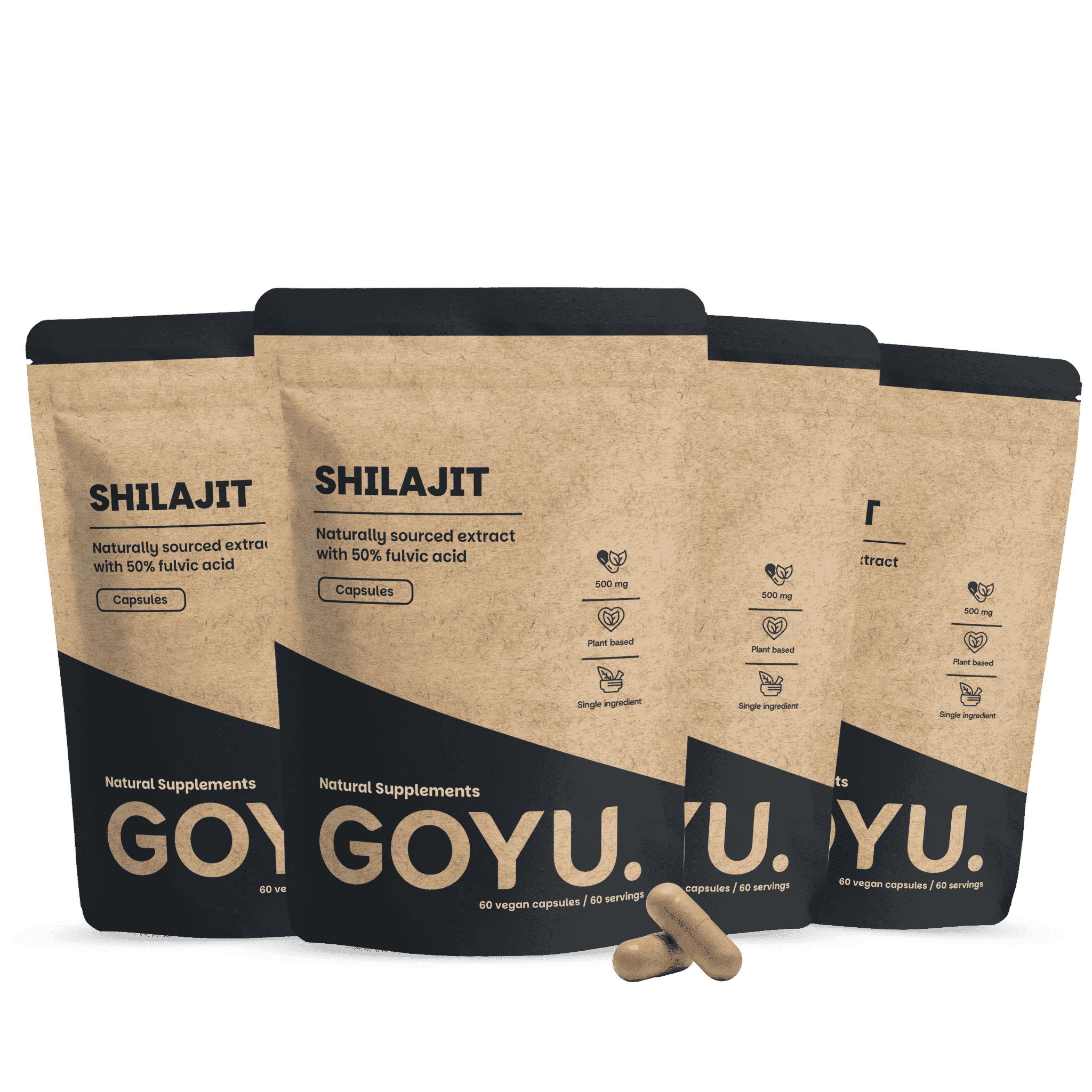 Vier braune Beutel mit Shilajit-Kapseln, zwei Kapseln liegen vorne.