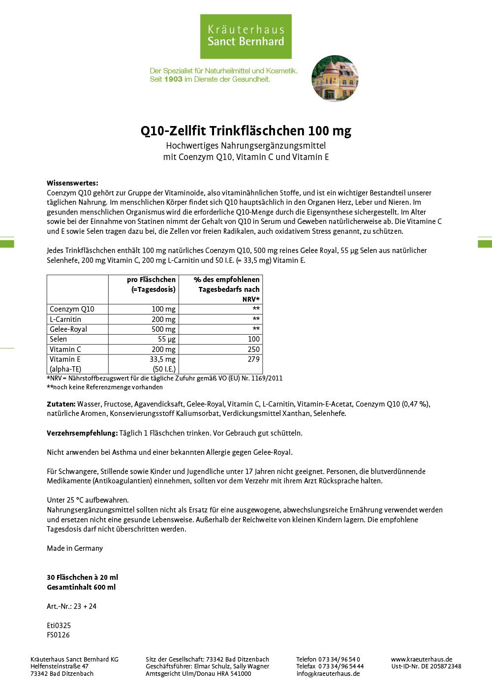 Sanct Bernhard Q10-Zellfit 100 mg Trinkfläschchen