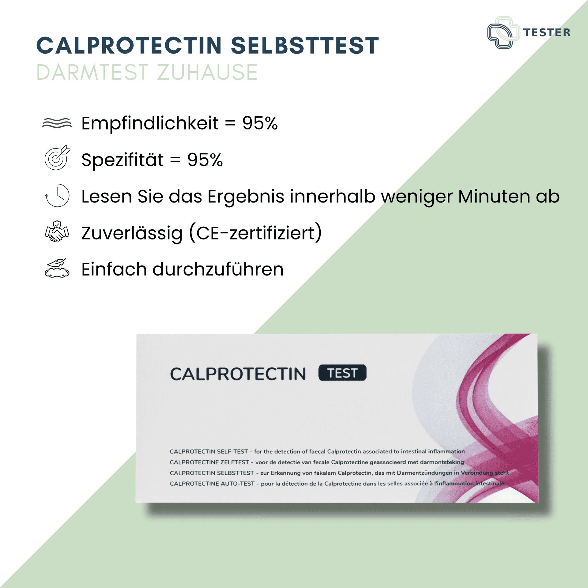 Calprotectin-Selbsttest: Empfindlichkeit 95%, Spezifität 95%, CE-zertifiziert, zuverlässig, einfach.