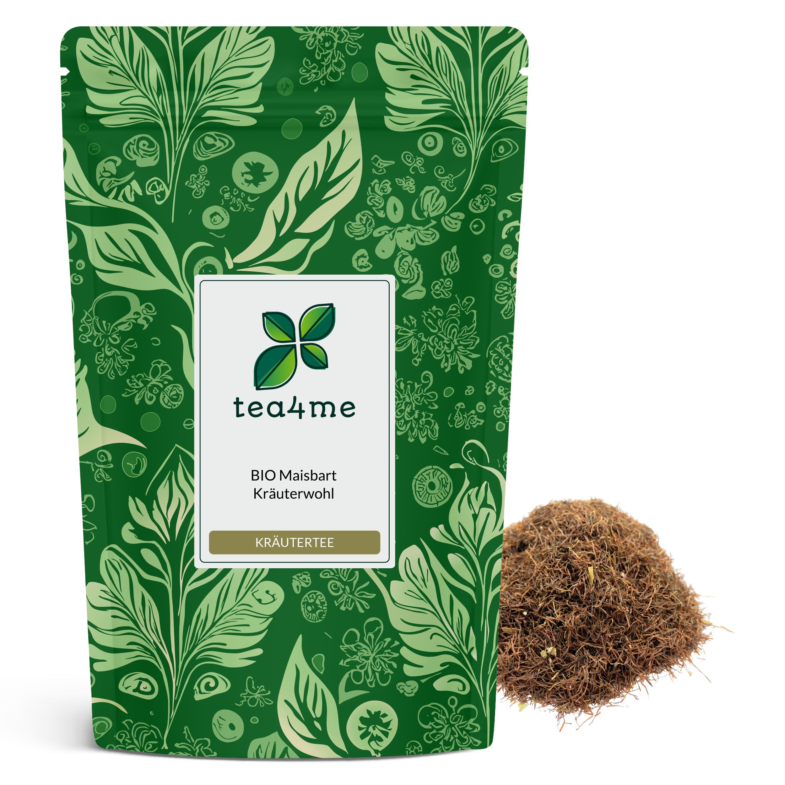 Grüner Beutel mit floralem Muster. Aufschrift: tea4me BIO Maisbart Kräutertee. Daneben ein Haufen getrockneter Kräuter.
