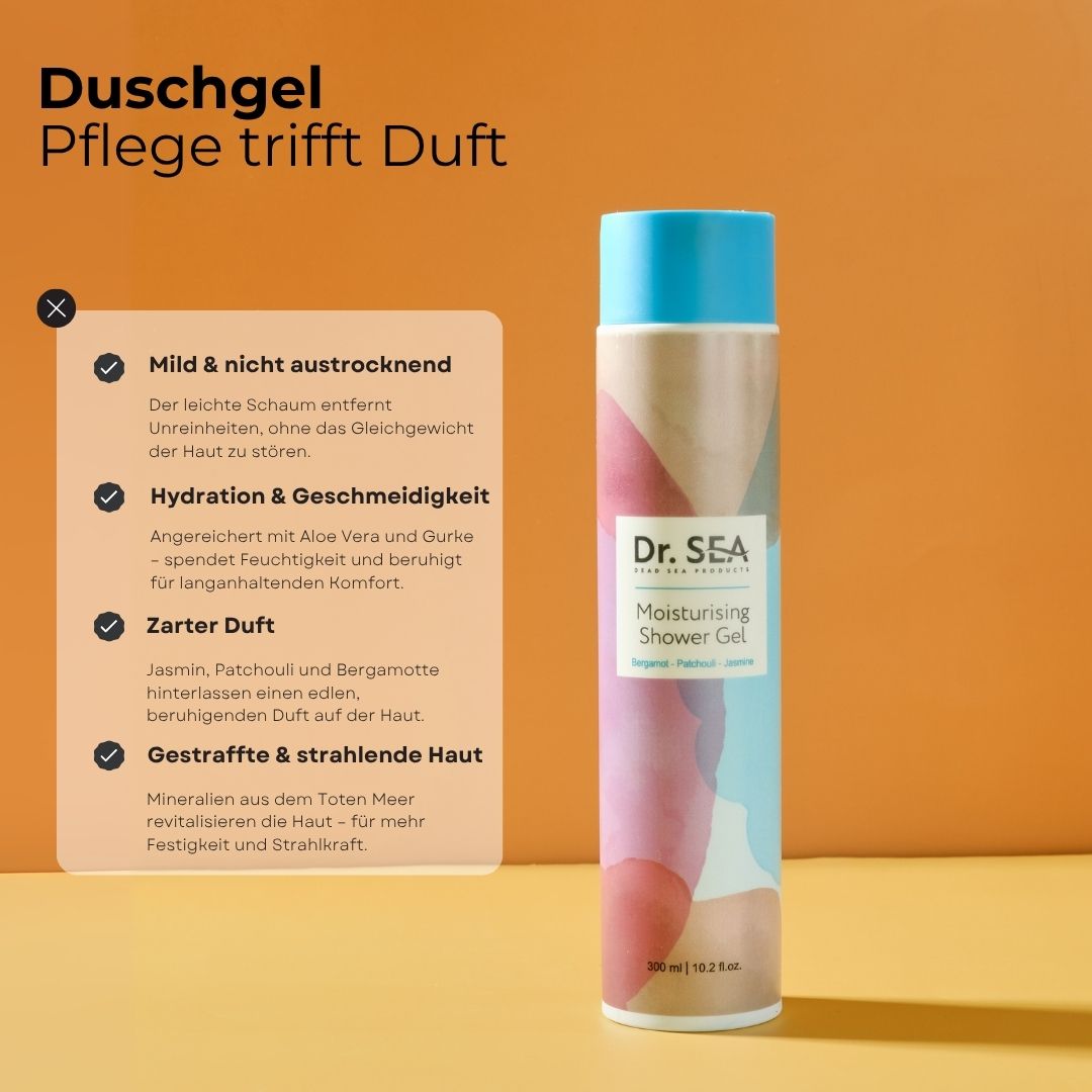 Duschgel-Flasche neben Infografik. Text: Mild & nicht austrocknend, Hydration & Geschmeidigkeit, Zarter Duft, Strahlende Haut.