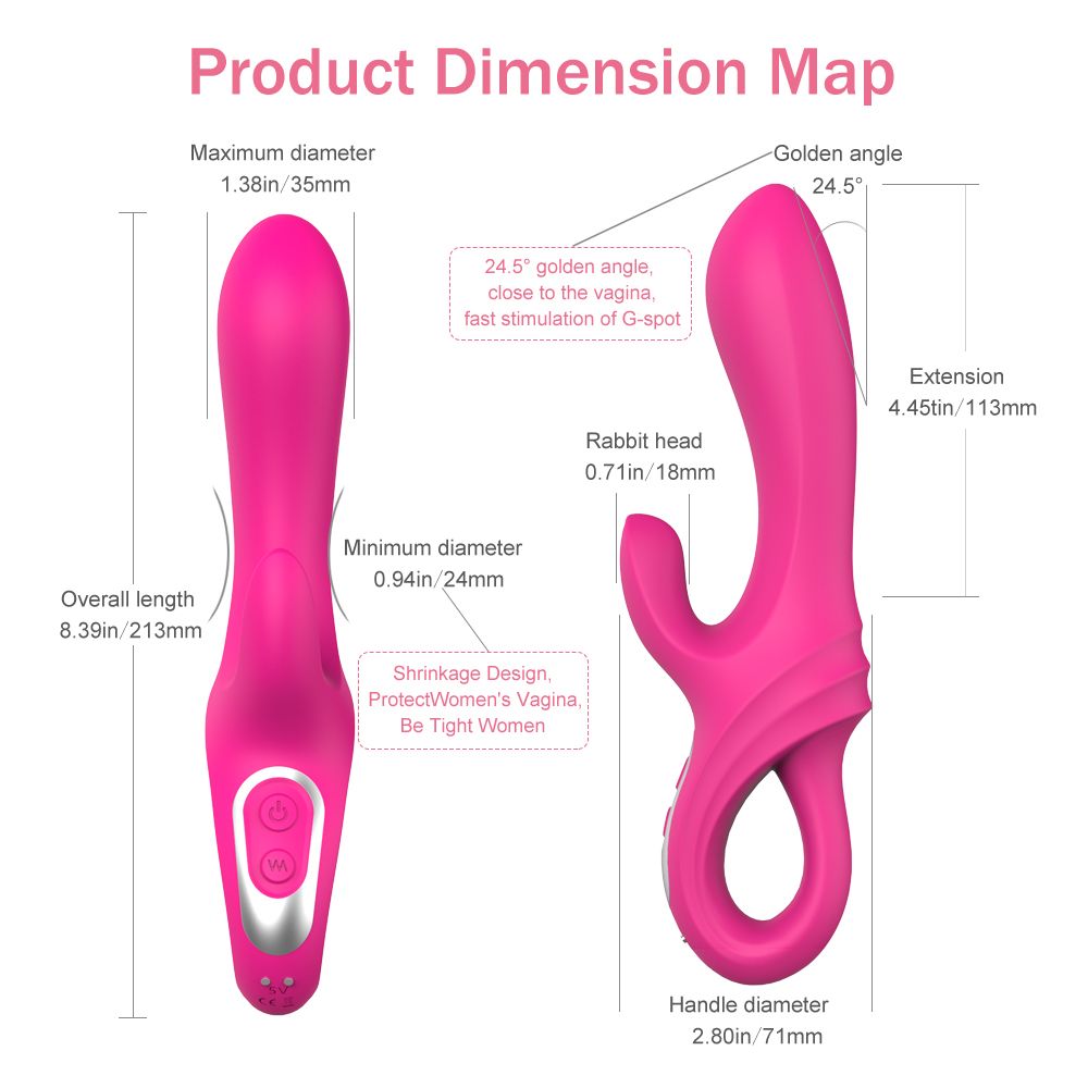 Diagramm mit rosa Vibrator. Maße: Gesamtlänge 213mm, max. Durchmesser 35mm, Griffdurchmesser 71mm, Kaninchenkopf 18mm, min. Durchmesser 24mm.