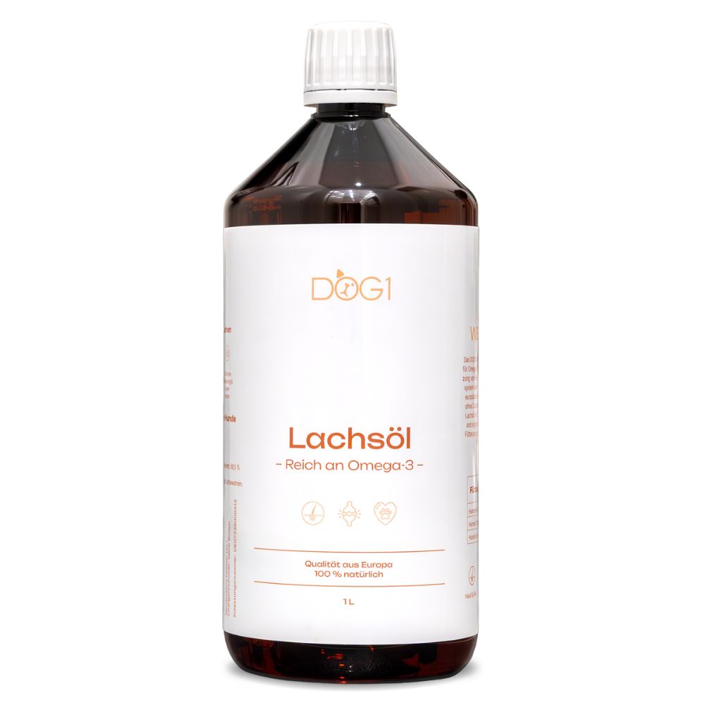 Braune Flasche mit weißem Etikett. Aufschrift: DOG1 Lachsöl, Reich an Omega-3. 1L. Qualität aus Europa. 100% natürlich.