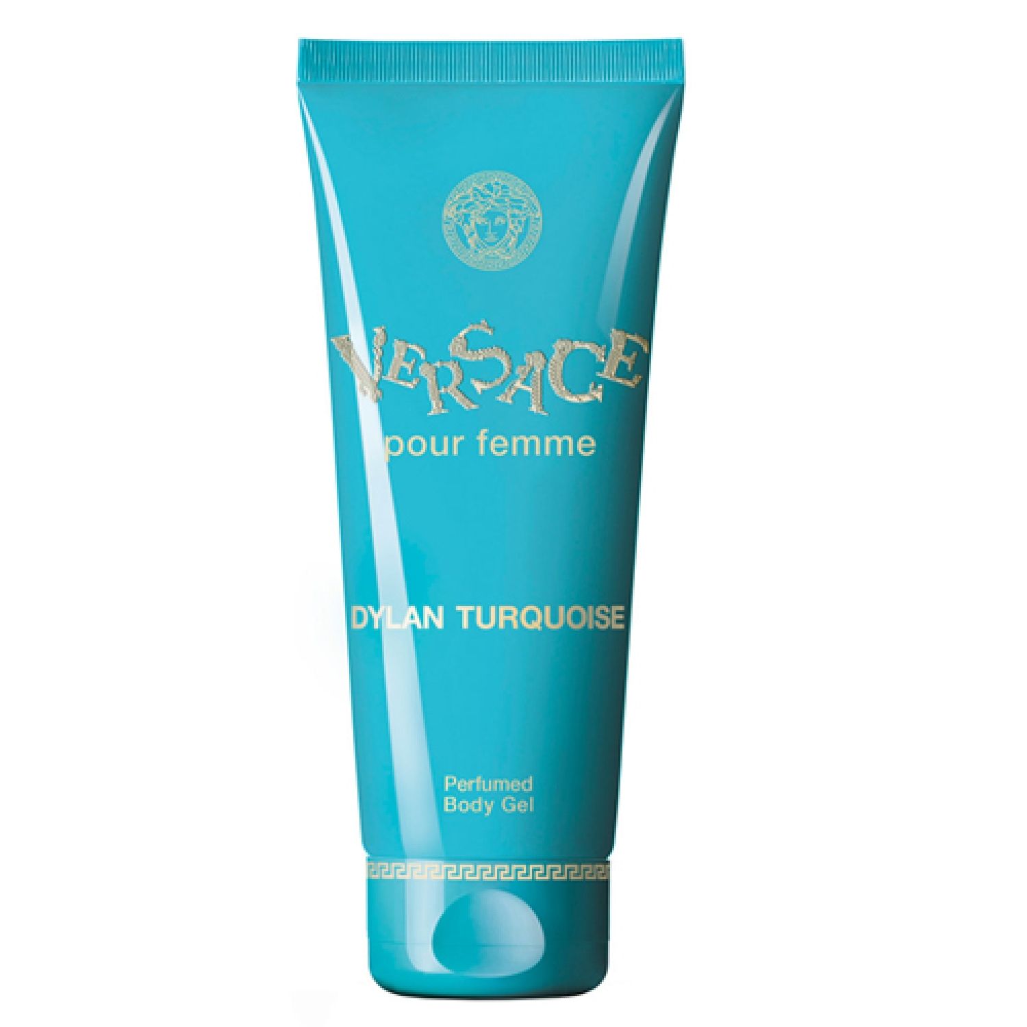 Türkisblaue Tube mit goldfarbenem Versace-Logo und Schriftzug Dylan Turquoise. Aufschrift: Perfumed Body Gel.