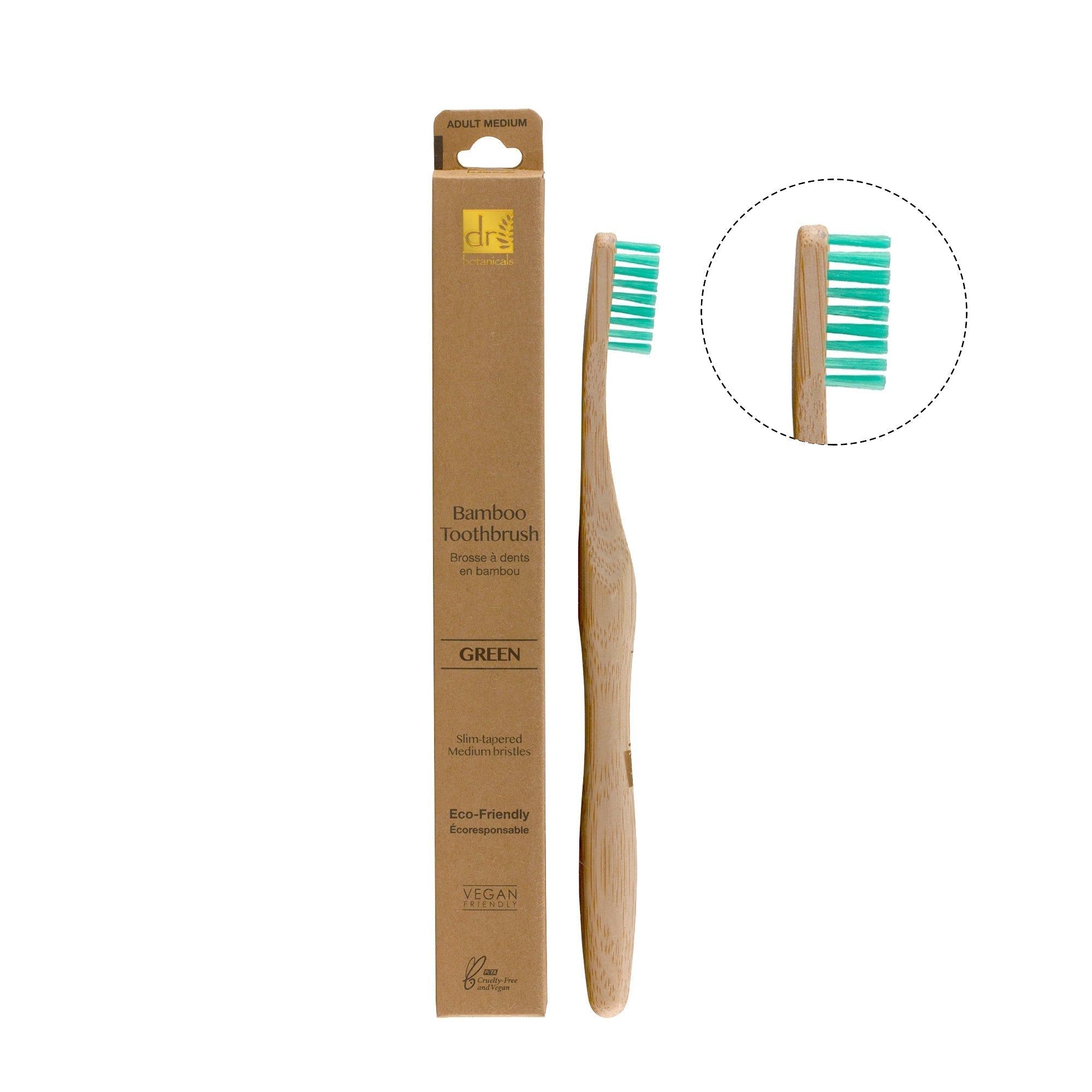 Zahnbürste aus Bambus mit grünen Borsten und Verpackung. Aufschrift: Bamboo Toothbrush Green. Vegan-Zertifizierung.