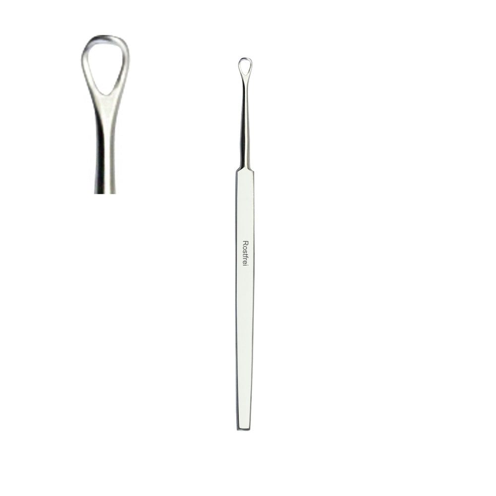 Einseitiger Komedonenheber. Metall, mit Griff und Öse. Nebenansicht der Öse. Aufschrift: Rostfrei.