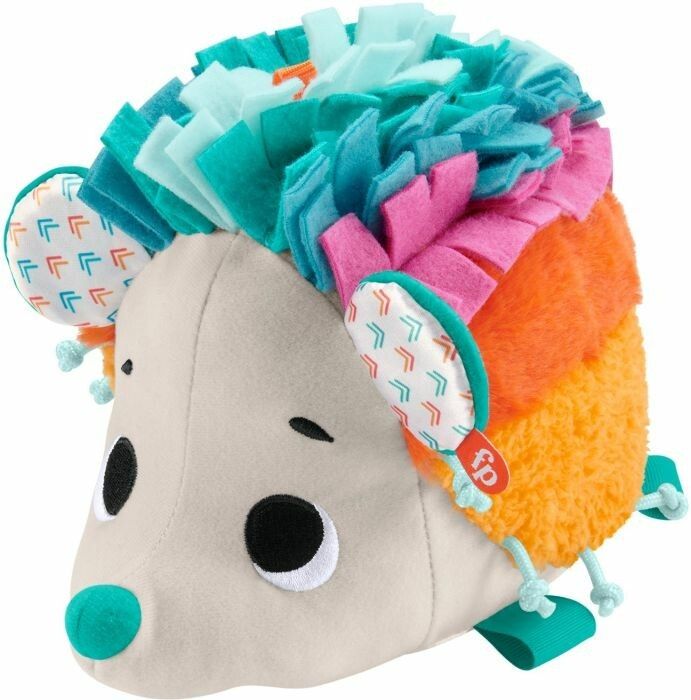 Stofftier Igel mit bunten Farben. Ohren mit Muster, Augen und Nase. Mehrfarbige Stacheln. Marke: Fisher Price.