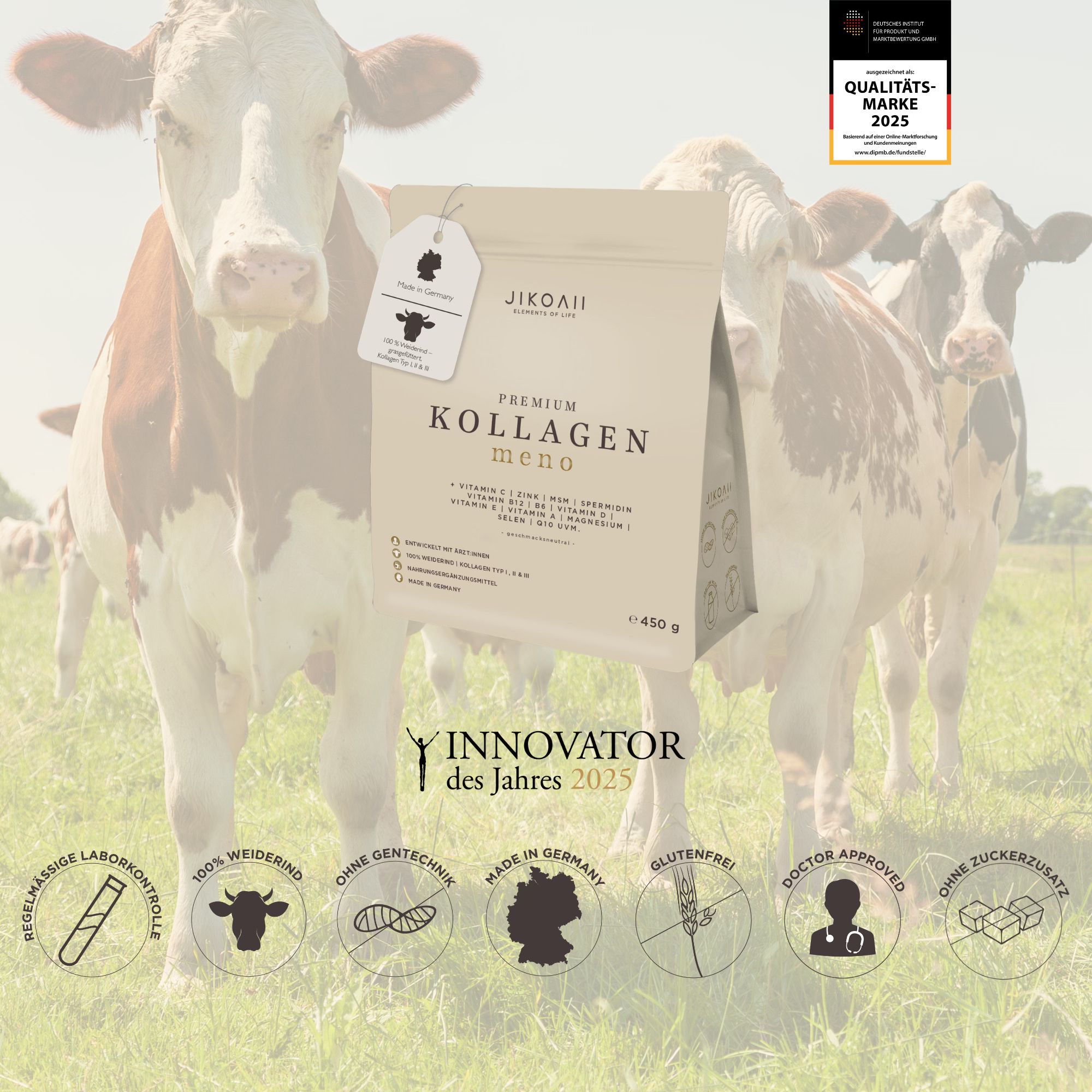 Produktverpackung JIKOAII PREMIUM KOLLAGEN MENO vor Kühen. Mit Qualitätsmarke 2025 und Innovator des Jahres 2025. Glutenfrei, Made in Germany.